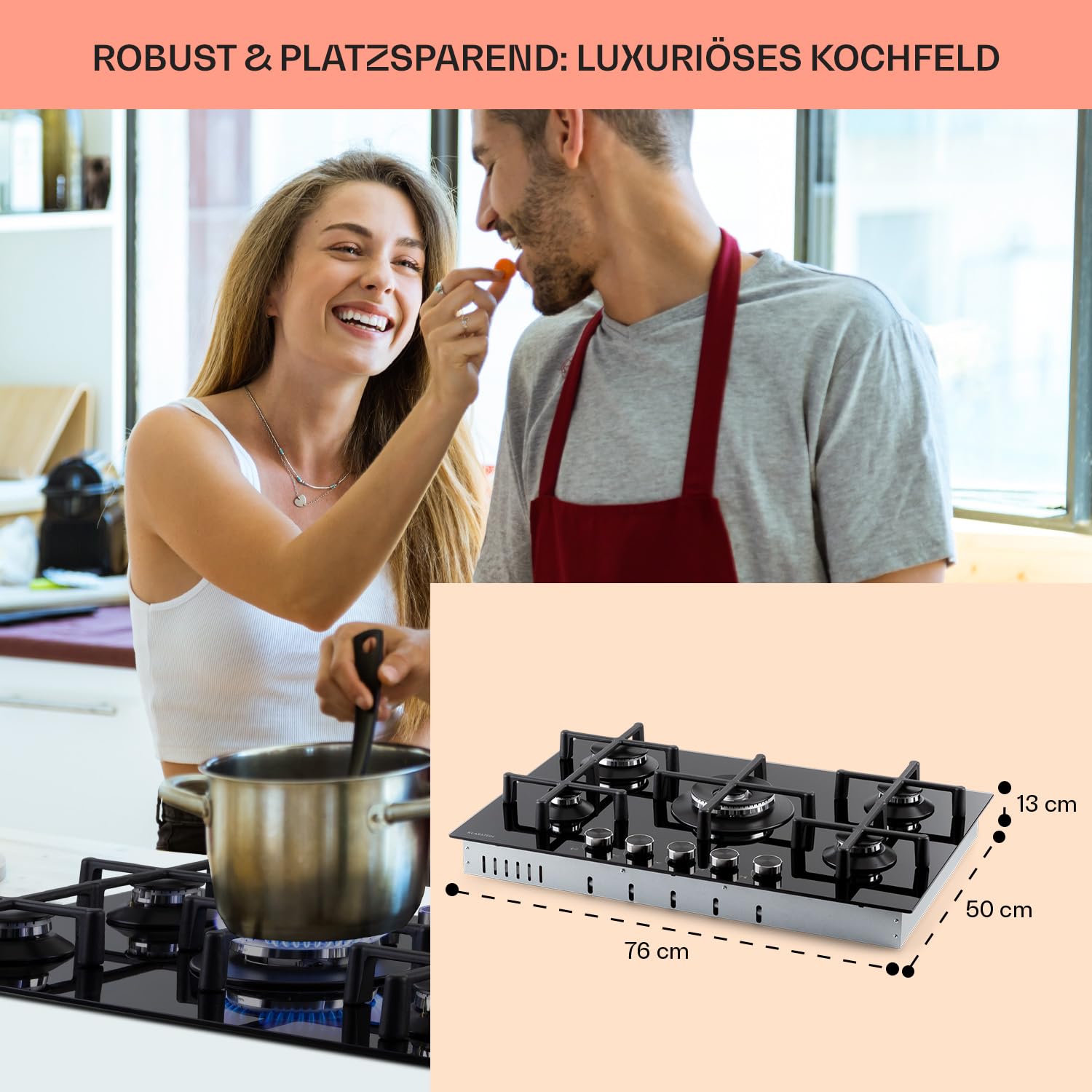 Klarstein Gaskocher 5-Flammig, 11,5kW Einbau-Gaskocher für Innenbereich, für Wohnmobil, 5-Flammiger Fünf Brenner Gasherde, Moderner Einbau Gasherd, Gas Herd