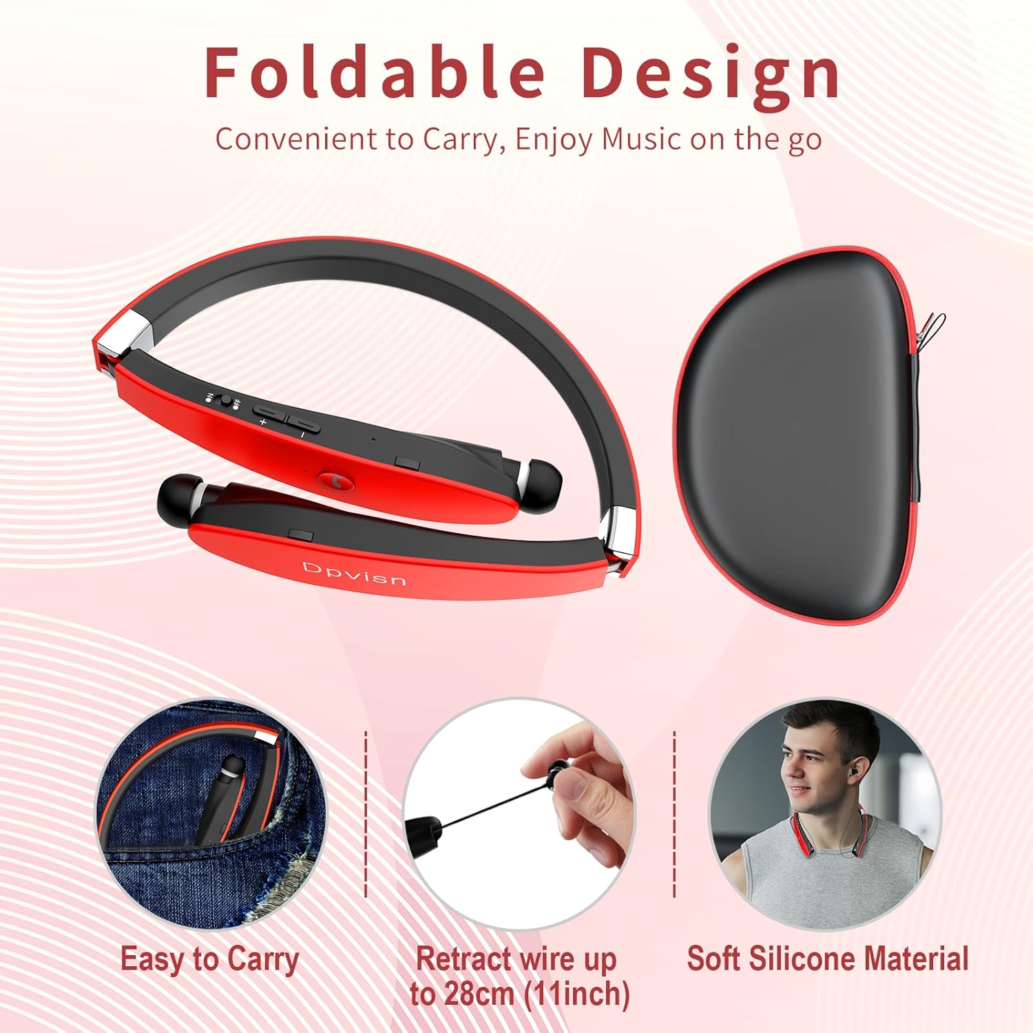 Bluetooth Neckband Headphones, Foldable Wireless Lightweight Neck Headset with Retractable Earbuds, Noise Cancelling Sweatproof Stereo Earphones with Mic & Carrying Case (Red) - Image 4