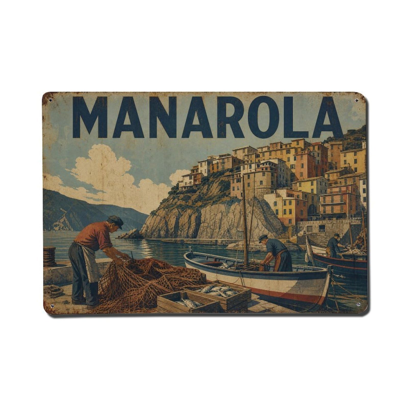 Vintage Travel Manarola Harbor Scene Maritime Life Italy Metal Tin Sign