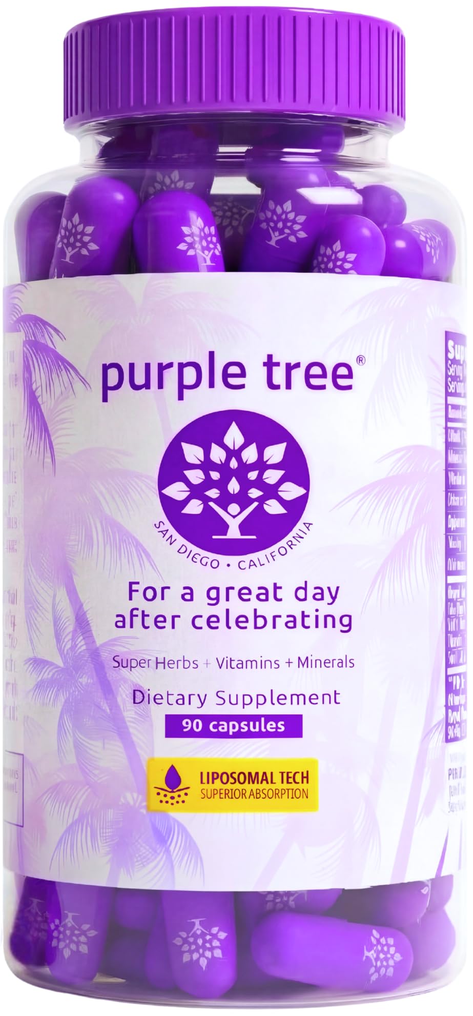 purple tree Post-Celebration Wellness Supplement | Liposomal Dihydromyricetin (DHM), L-Glutathione, Milk Thistle for Liver Support & Hydration | Electrolytes, B Vitamins, Willow Bark | 90 Pills
