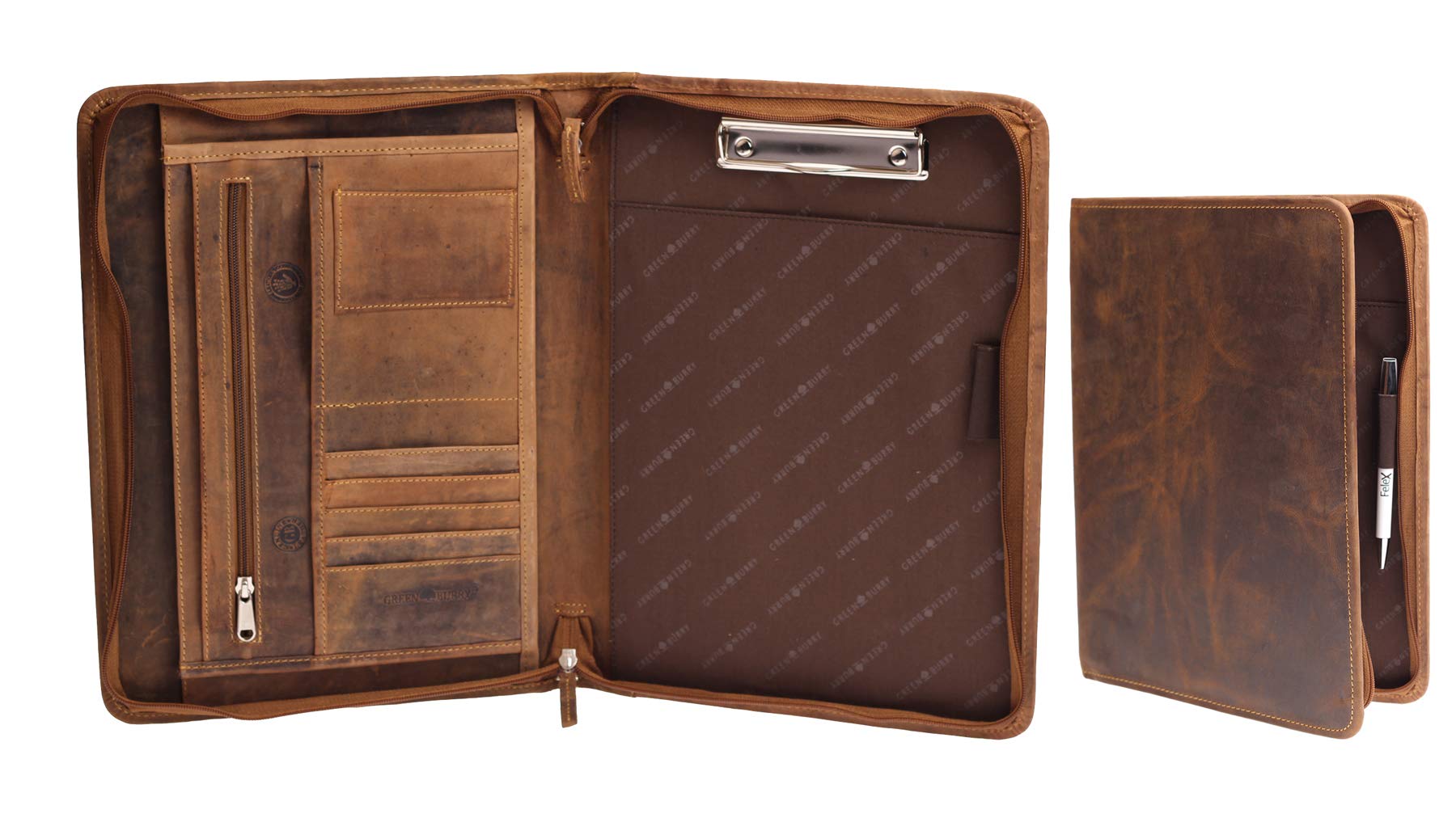 Greenburry Leder-Schreibmappe DIN A4 - Vintage Konferenzmappe mit Reißverschluss – A4 Schreibmappe aus Leder - hochwertige Vertretermappe aus Leder - 36 x 26,5 x 3 cm
