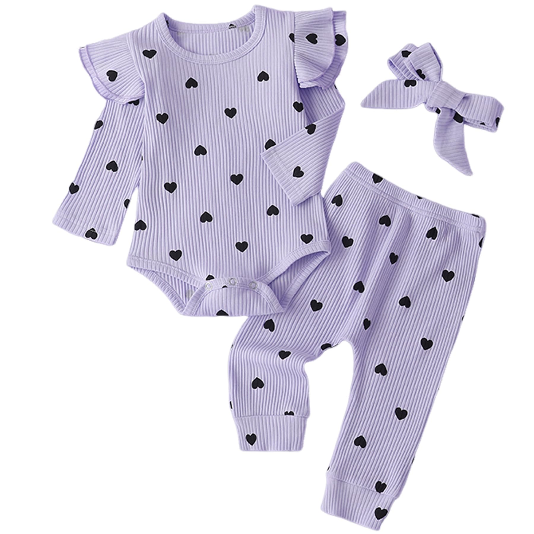Fullfamous Baby Girl's 3pc Rib Frill Long Sleeve Romper and Pant Set