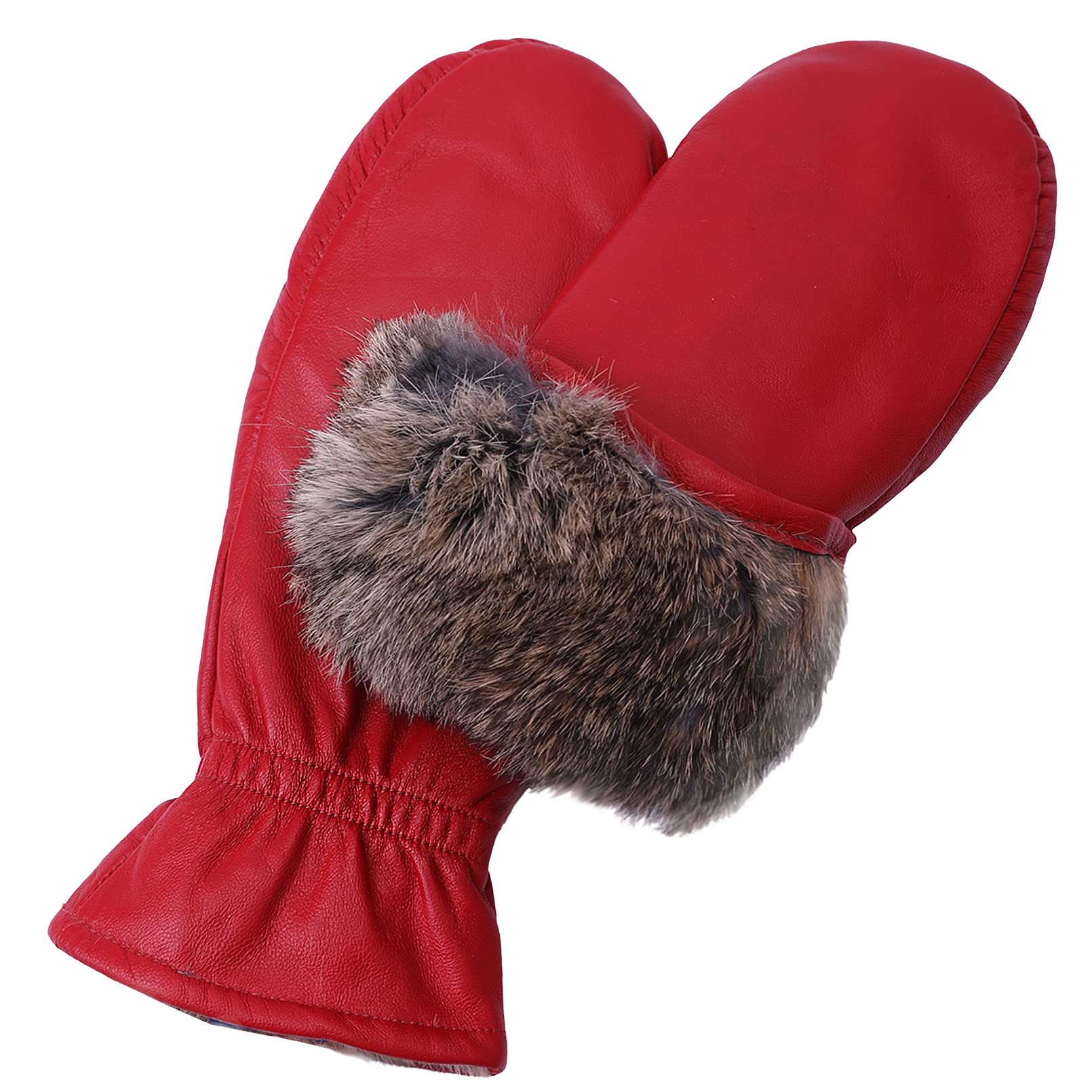Women Leather Mittens Finger Rabbit fur Lining Winter Sheepskin Soft and Warm
