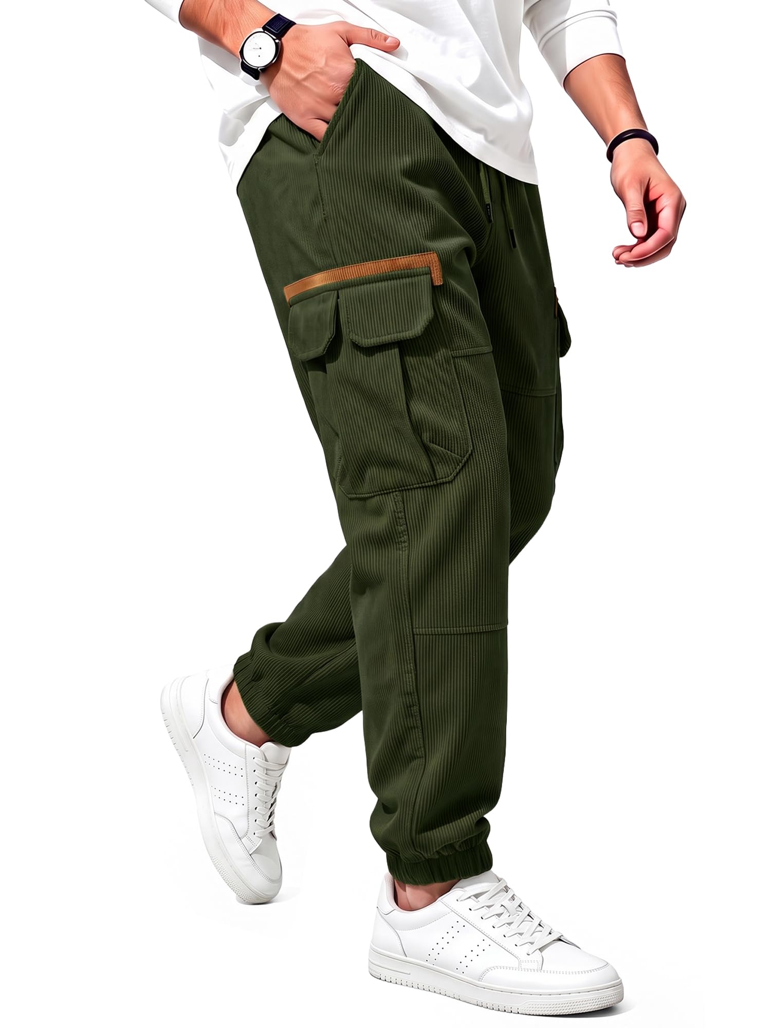 Mens Corduroy Cargo Pants Casual Jogger Relaxed Fit