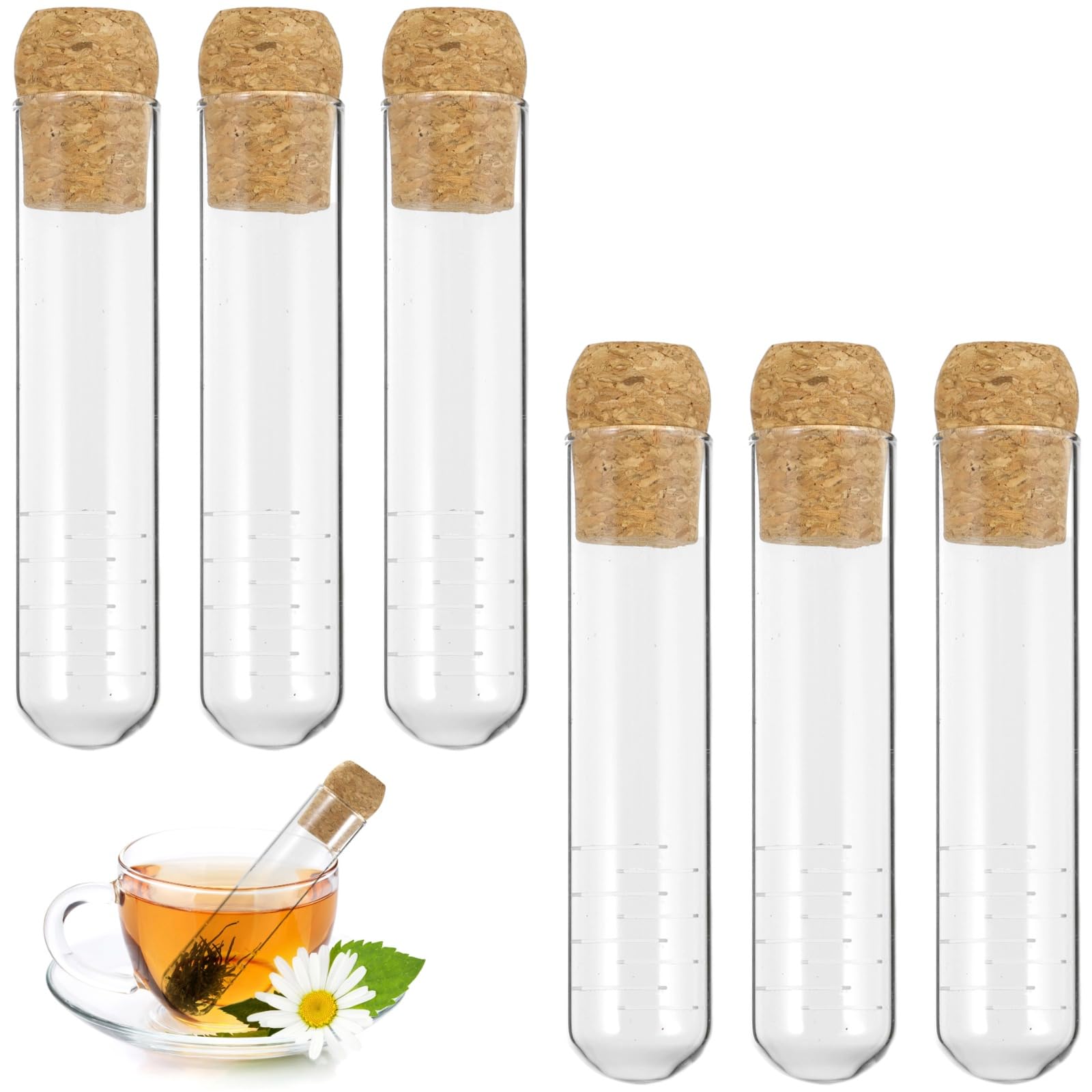 Lot de 6 infuseurs à thé en verre avec bouchon en liège, filtre réutilisable pour thé en feuilles longues, tisanes et fleurs, pour tasse, mug et théière, nettoyage facile
