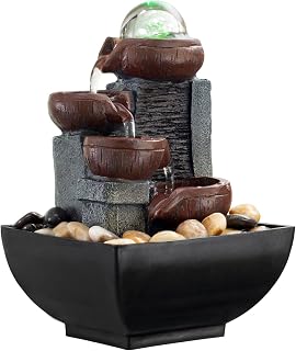 Tabletop Fountain Indoor Office Relaxation Desktop Fountain Includes Many Natural River Rocks Decorated with Colored Lights and Rotating Bubble Ball