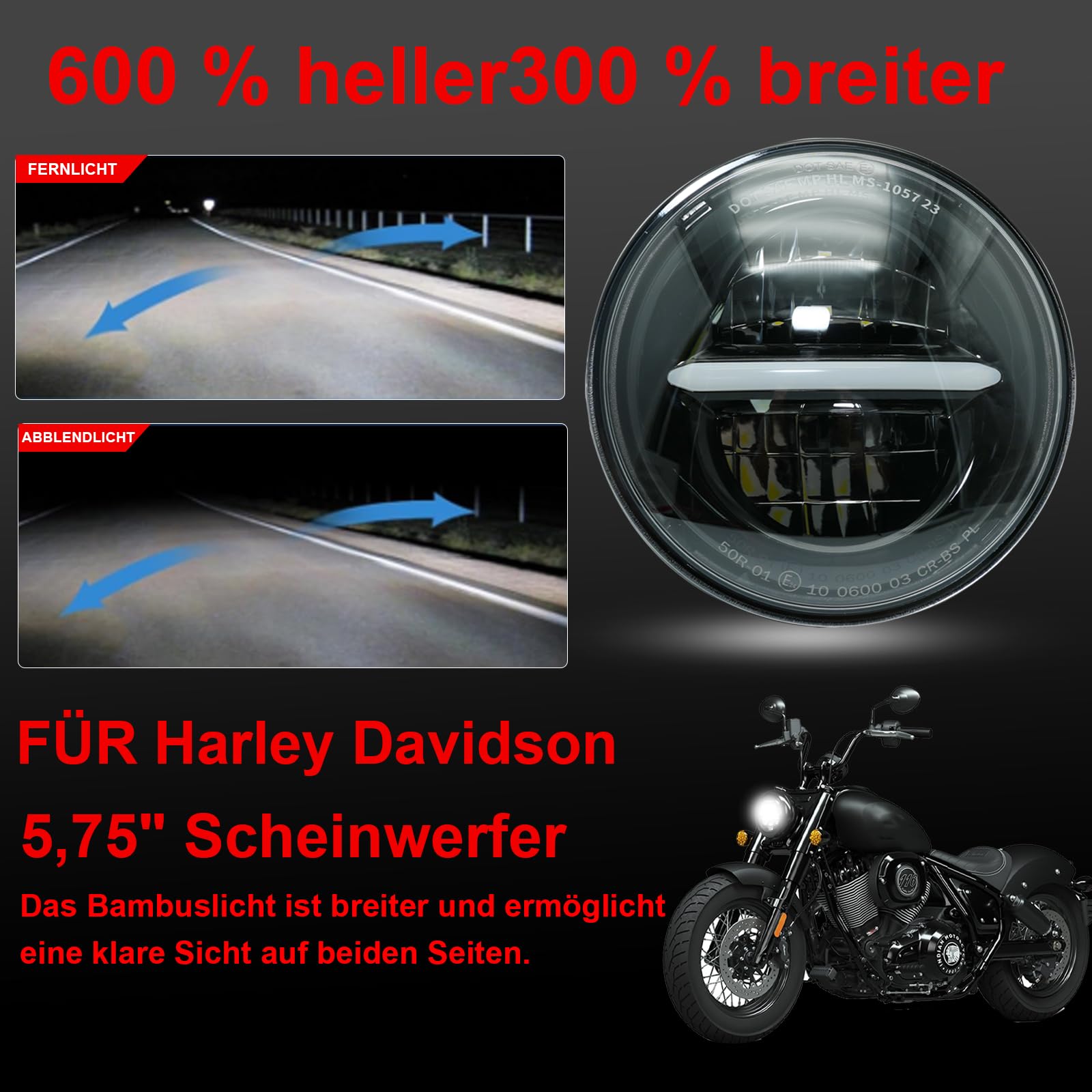5,75 '' LED Motorrad Scheinwerfer e-geprüft Mit Tagfahrlicht für Harley Davidson Dyna Street Bob Super Wide Glide Low Rider Night Rod Train Sportster Iron 883 Indian Scout Triumph (Schwarz)