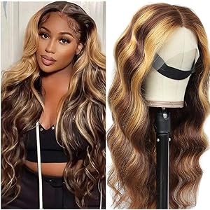 Highlight Body Wave Lace Front Wig Human Hair 4/27 Transparent Colored Body Wave HD Lace Wigs Brown Honey Blonde Ombre 13×6 T-part Brazilian Virgin Hair 180% Density for Black Women (18 Inch, 4/27)