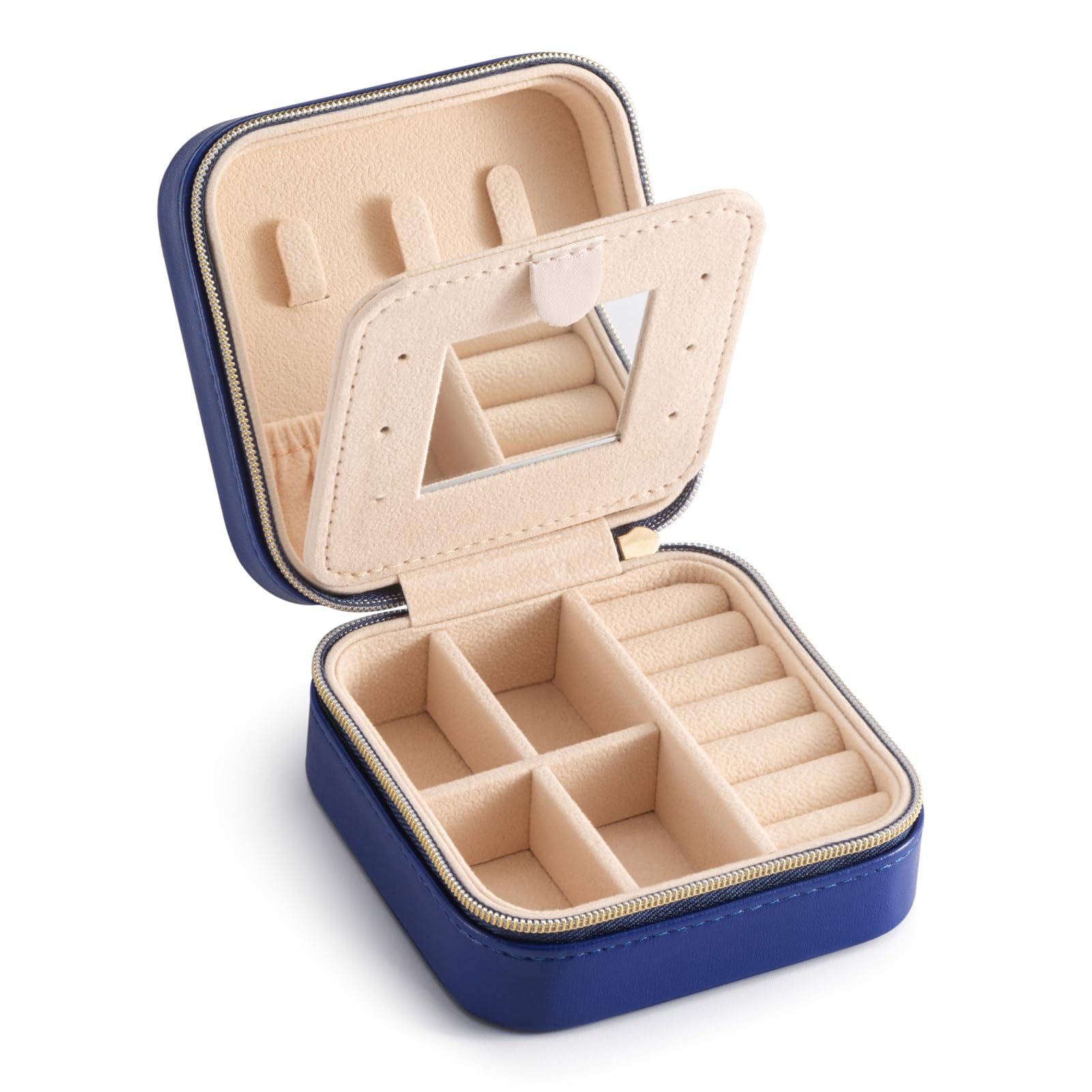 Jewelry Travel Case with Mirror,Small Travel Jewelry Organizer, Portable Jewelry Box Travel Mini Organizer Portable Display Storage Box For Rings Earrings Necklaces (NavyBlue)