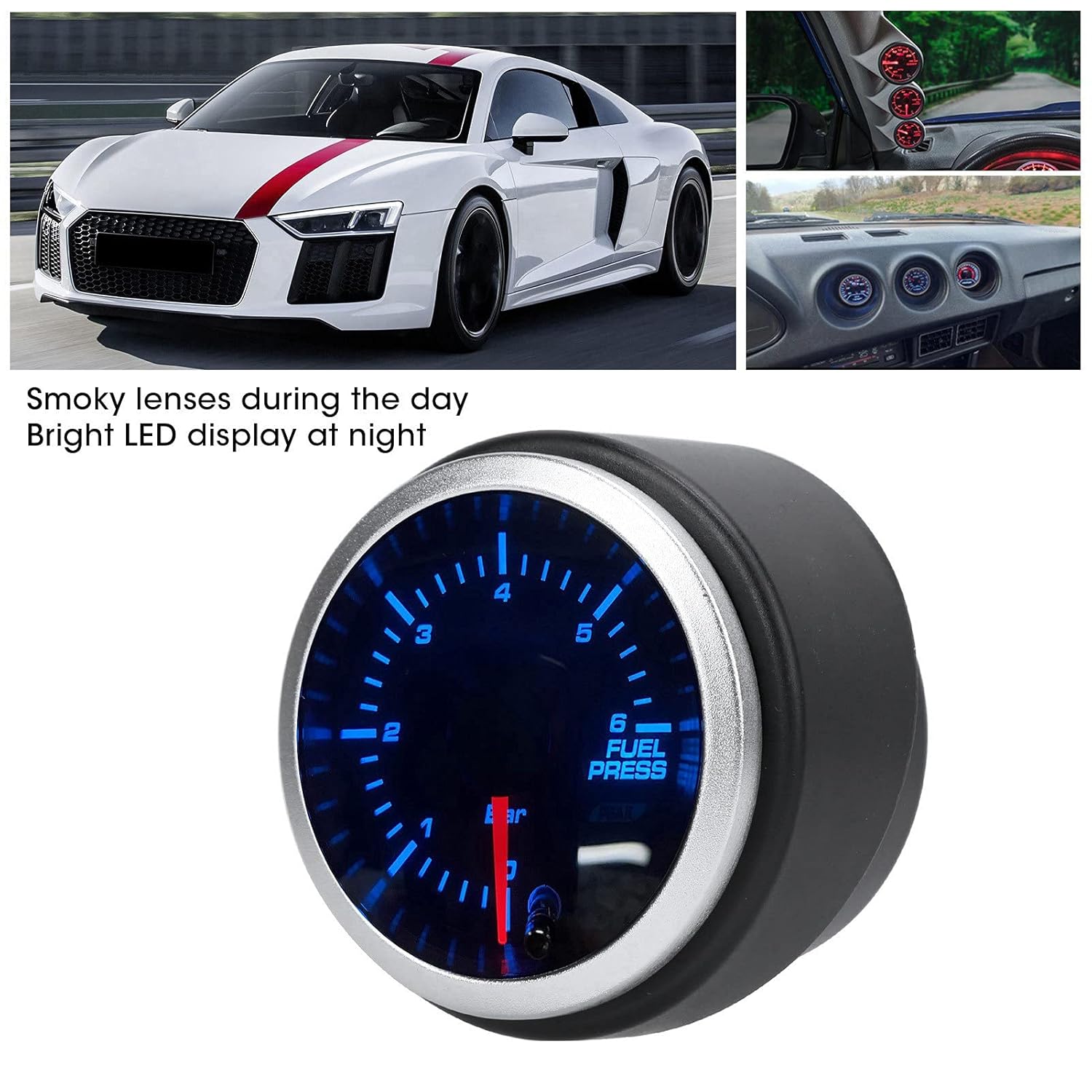 Brilluxa 52mm Fuel Pressure Gauge Kit LED 10 Color 100 PSI Pressure Tester Fuel Pressure Gauge 0 to 6 Bar Fuel Press Gauge Tinted for Racing Car Truck 12V