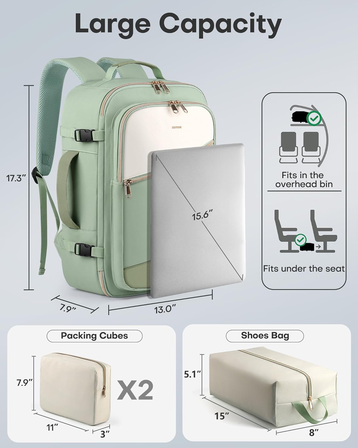 HOTOR Travel Backpack for Women – TSA-Friendly Travel Bag with Multiple Compartments & 3 Packing Cubes, Water-Resistant & Comfortable, Perfect for Travel Essentials, Green, 17.3" x 13.0" x 7.9" - Image 5