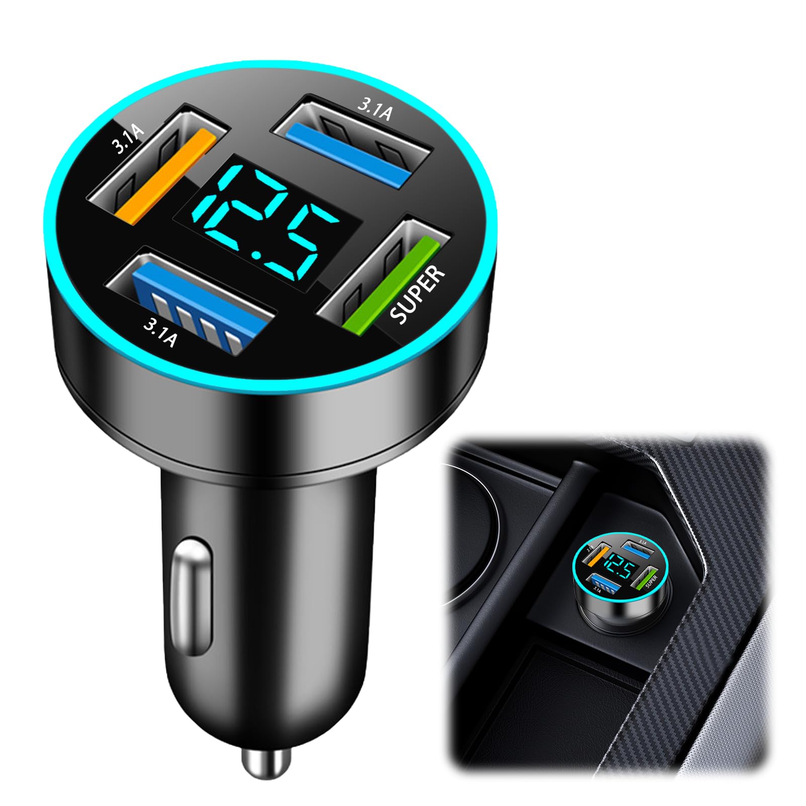 EuAcesry USB Car Charger 66W Cigarette Lighter 4 Ports [3 USB A3.1A+ 1 USB A 66W] USB Socket with Fast Charge 12V with LED Voltmeter, Universal Fast Charger for Car