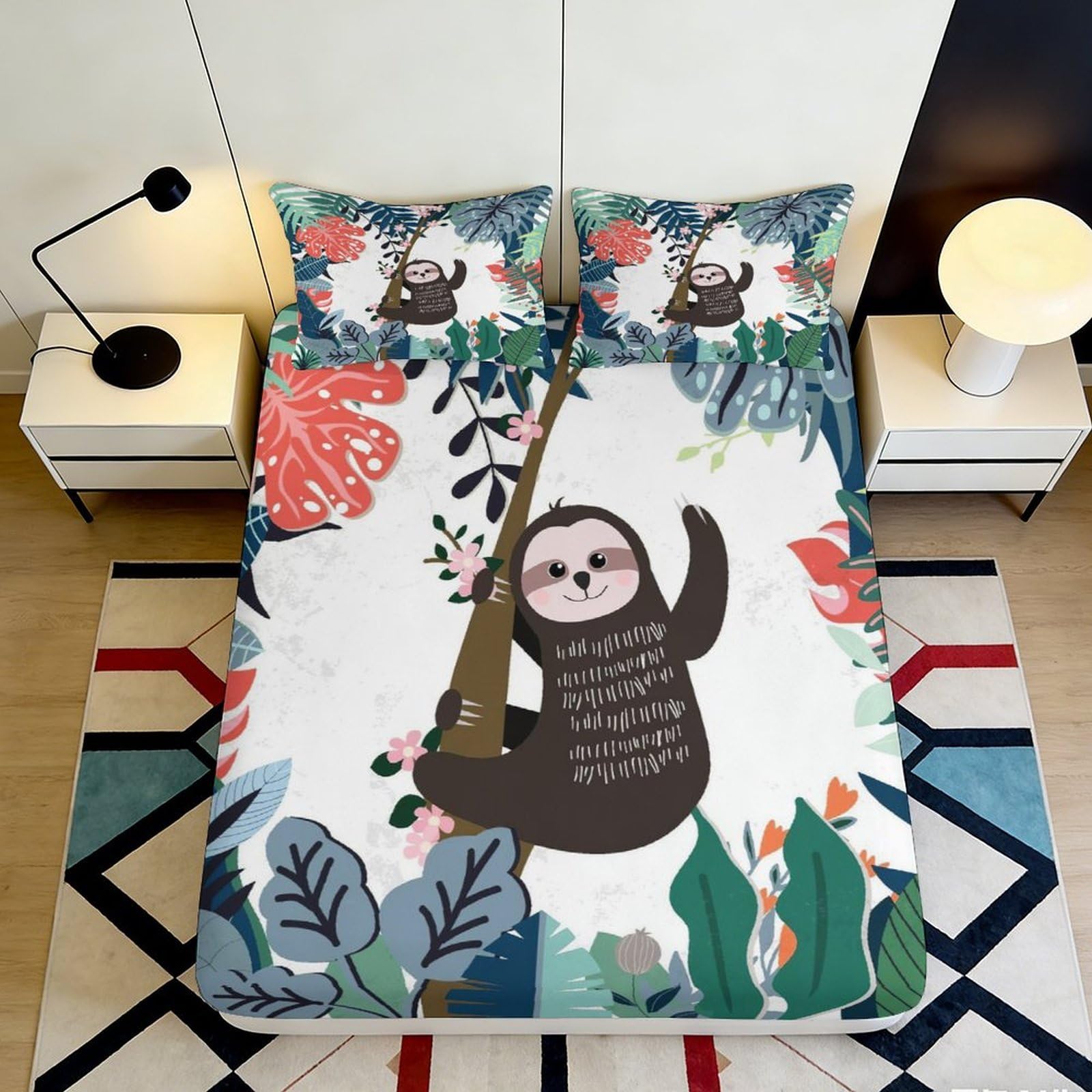 Pnayamiorkfel Style-8 3D Printed Cartoon Sloth Fitted Sheet Microfiber Soft Anti-Slip Jungle Leaves Bed Cover For Bedroom Guest Room 90X200x25cm