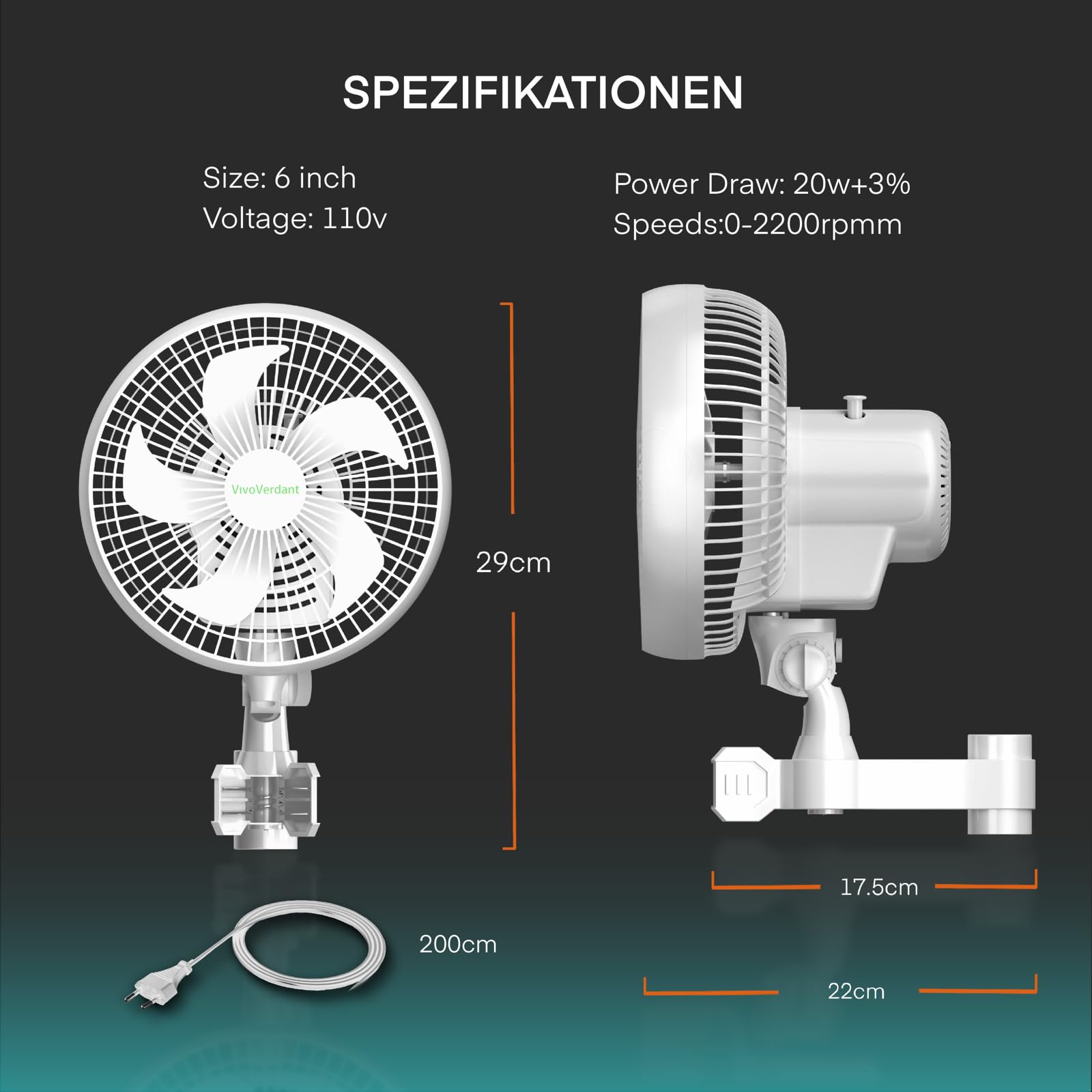6'' Grow Ventilator mit Clip, EC Motor, IP-54 6-Zoll-Anklemmventilator für Grow Tent, Oszillierender Klemmventilator zur Befestigung an Grow Tent-Stangen, schwarz, Weiß