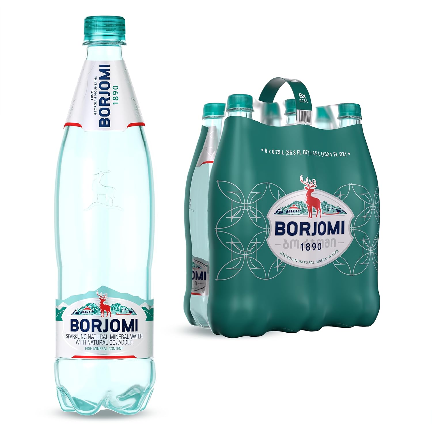Borjomi Sparkling Natural Mineral Water, Plastic Bottles, 25.3 Fl Oz (Pack of 6)