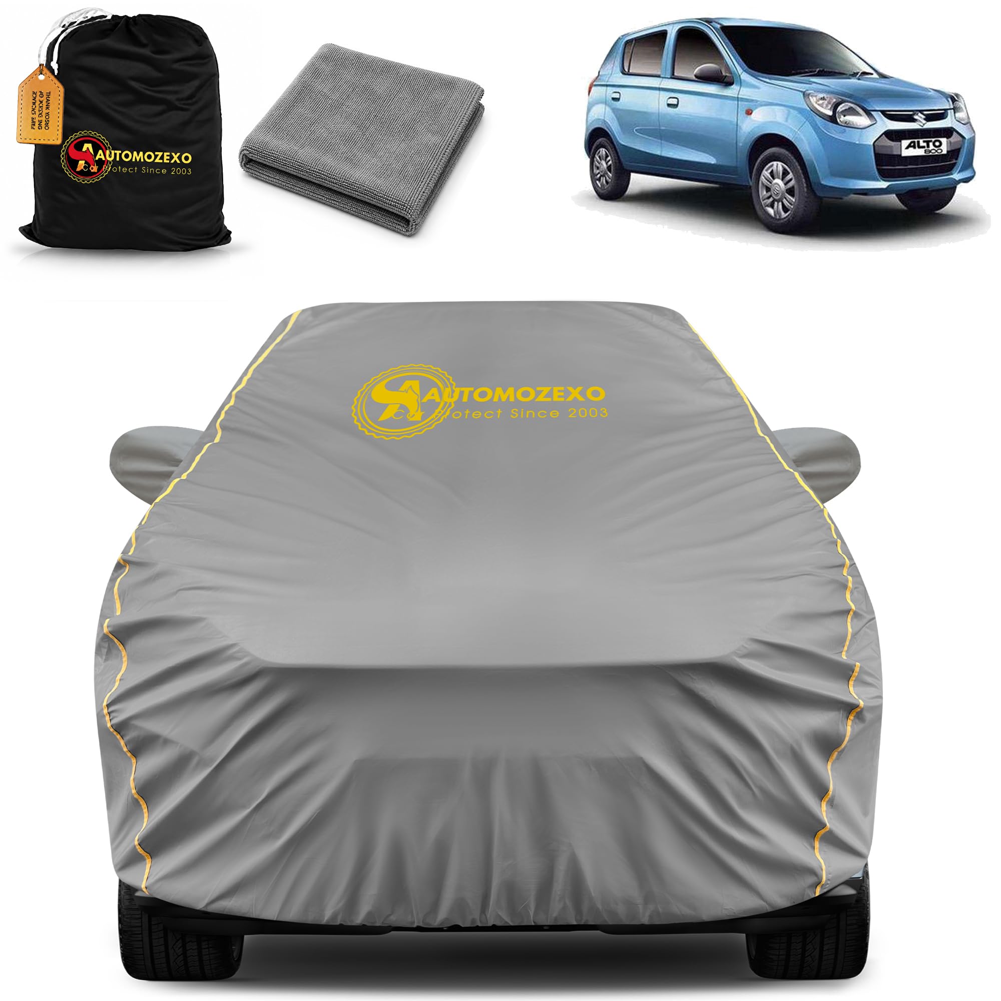 Maruti Alto 800 100% Waterproof Car Cover for All Weather Protection with Mirror Pocket Inner Cotton Layer Triple Stitched Cover with Adjustable Belt Bottom Elastic to Secure Fit -Grey discount deal