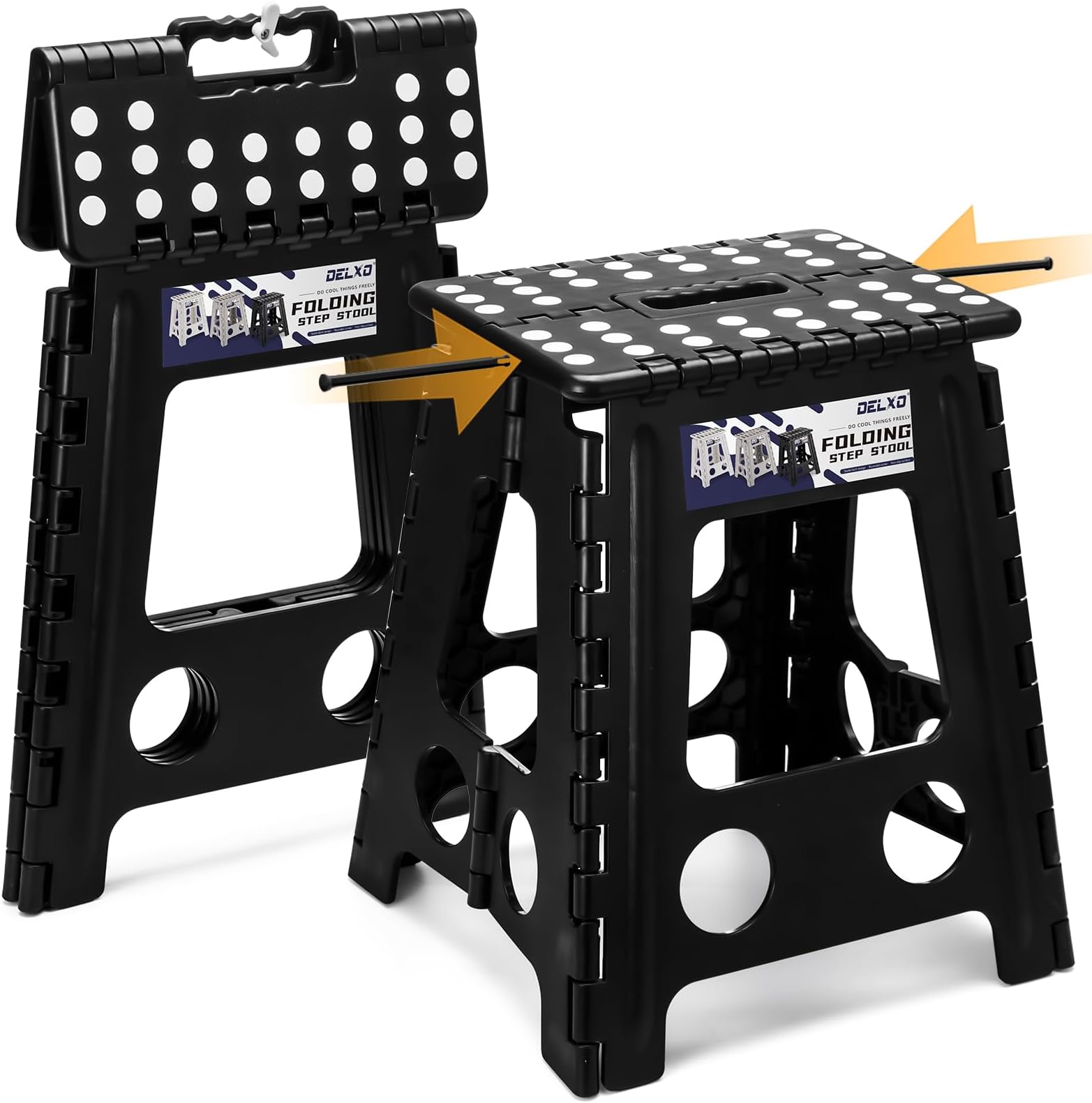 Delxo 16 Inch Folding Step Stool,Foldable Stool for Adults with Safety Lock,Portable Collapsible Plastic Stepstool,Non Slip Folding Stools for Kitchen Bathroom Bedroom Up to 400LBS,(Black 1PC)