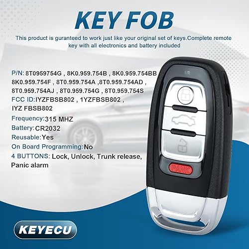 Miniatura 2 de Smart Prox - Llavero remoto de entrada sin llave para Audi A4 A5 Q5 2010 2011 2012 2013 2014 2015 2016 (no funciona con acceso cómodo)