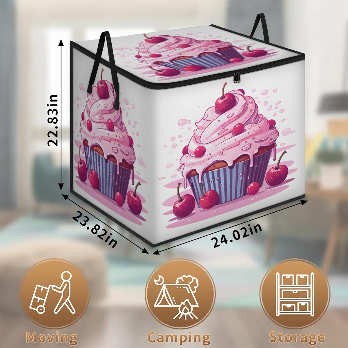 Honeybaby 214L Extra Large Comforter Storage Bag Cherry Cup Cake Storage Totes with Lids Waterproof Closet Organizer Folding Blanket Storage Bags for Clothes Bedding Pillows