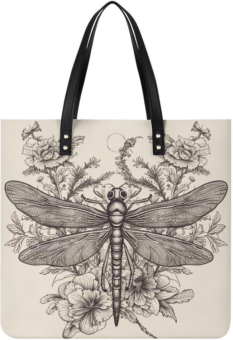 Hand Drawn Floral Dragonfly Tote Bag with Magnetic Buckle Reusable Grocery Bags Lightweight Cross Body Handbag for Daily Essentials