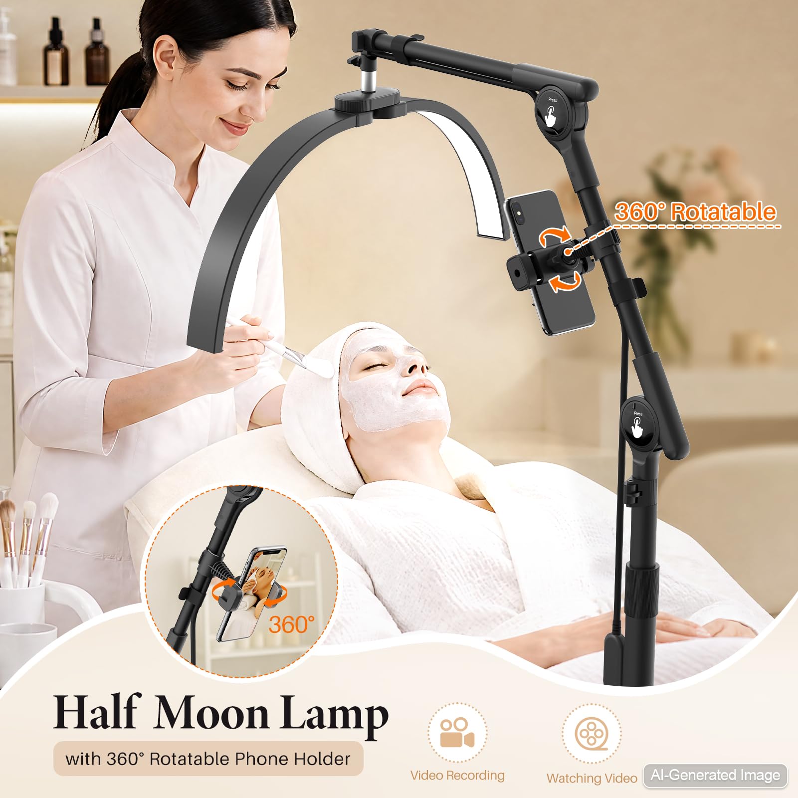 Lampara Extensiones de Pestañas: 21" Plegable Lampara LED de Pie Para Pestañas con 3 Colores Regulables & Rotación de 360° para Salón, Hogar, Negro