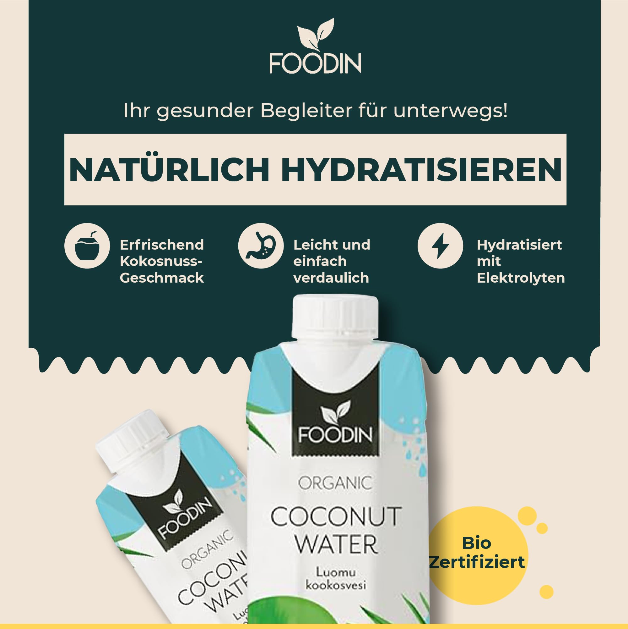 Foodin Bio-Kokoswasser – 100% natürliches Kokosnusswasser mit Elektrolyten – glutenfrei, kalorienarm, fettfrei, vegan – 12er Pack (12 x 330ml)