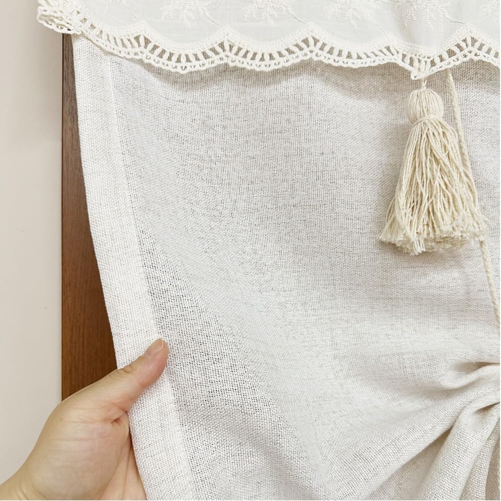 Natural Beige Linen Tie Up Balloon Curtain with Tassel & Bead Pulls