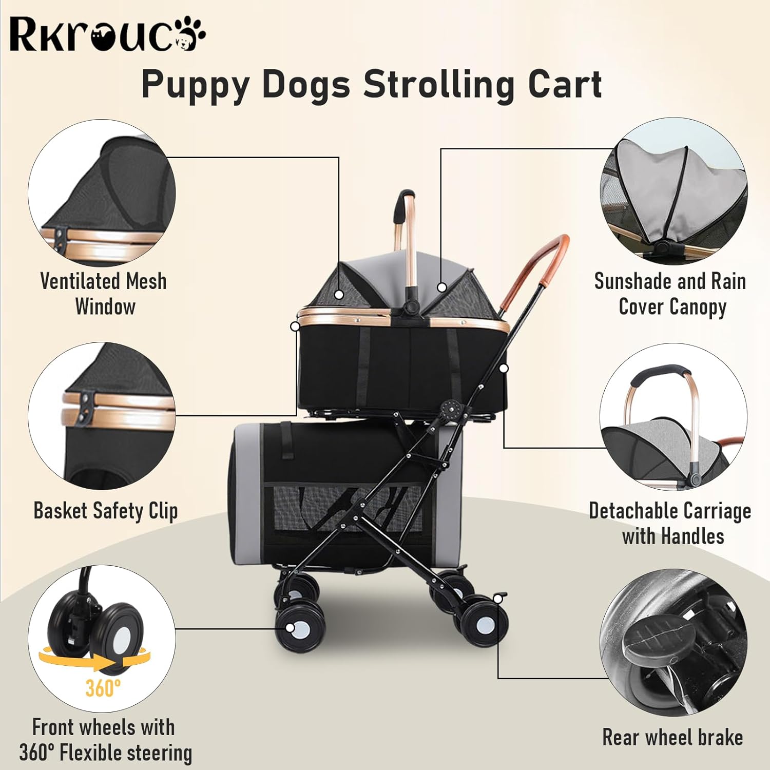 Foldable Double Pets Stroller for Dog Portable Cat Strollers for Small Medium Pet with Detachable Carriers Flexible Lockable Wheels Lightweight Dogs Jogger Strolling Cart Up to 77Lbs (Black)