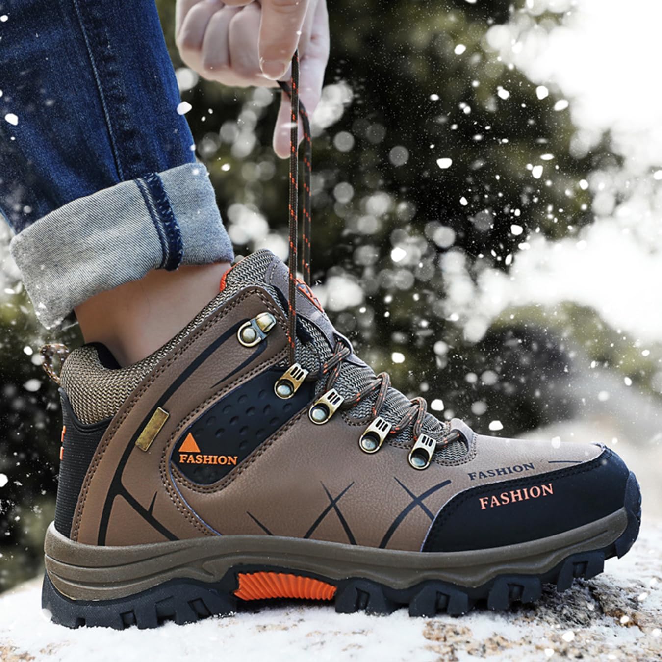 Mens Winter Hiking Boots Warm Snow Boots High-Top Non-Slip Outdoor Shoes for Trekking Fishing Camping