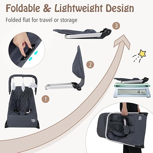 Miniatura 4 de BABY JOY Bouncer para bebé, asiento plegable para bebé con arnés de seguridad de 5 puntos, funda de tela extraíble y 3 juguetes de peluche, gorila