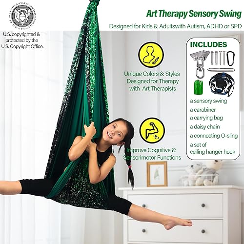 Miniatura 30 de Columpio sensorial para niños y adultos con capacidad para hasta 300 libras en interiores y exteriores, columpio de terapia de doble capa con kit