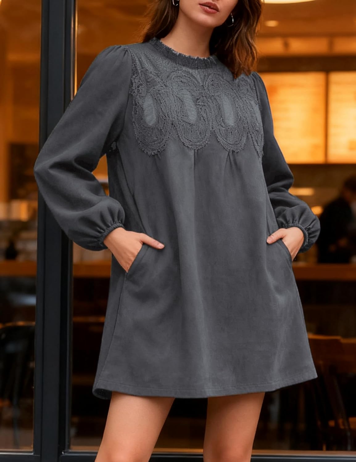 Athlisan Women's 2025 Fall Mini Dress Long Sleeve Faux Suede Lace Patchwork Babydoll A-Line Swing Dress with Pockets - Image 2