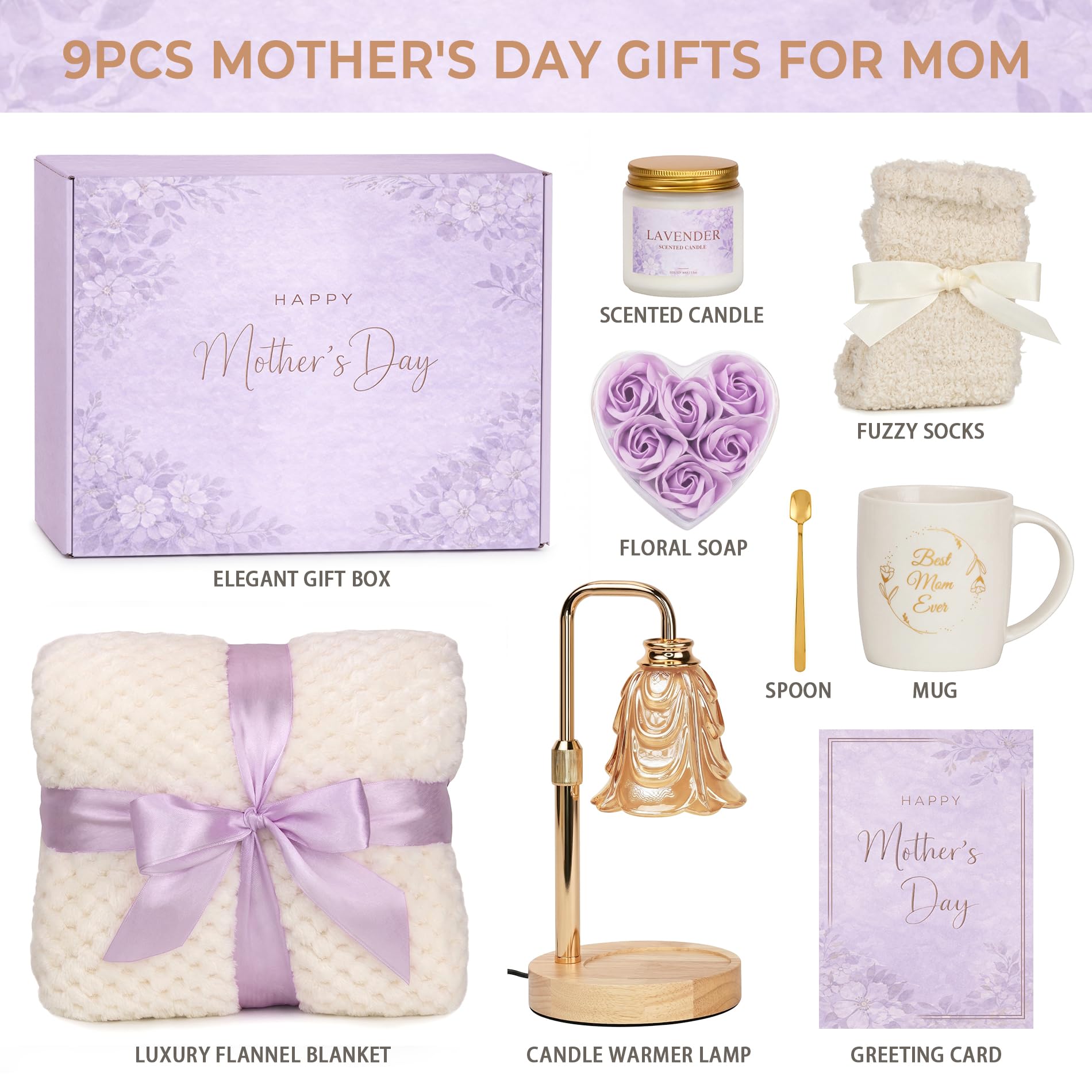 Mothers Day Gifts for Mom - Mother's Day Moms Gifts from Daughter Son Best Mom Ever 2026 - Happy Mothers Birthday Gift Ideas with Candle Warmer Lamp - Gift Basket Care Package for Women Mama Grandma