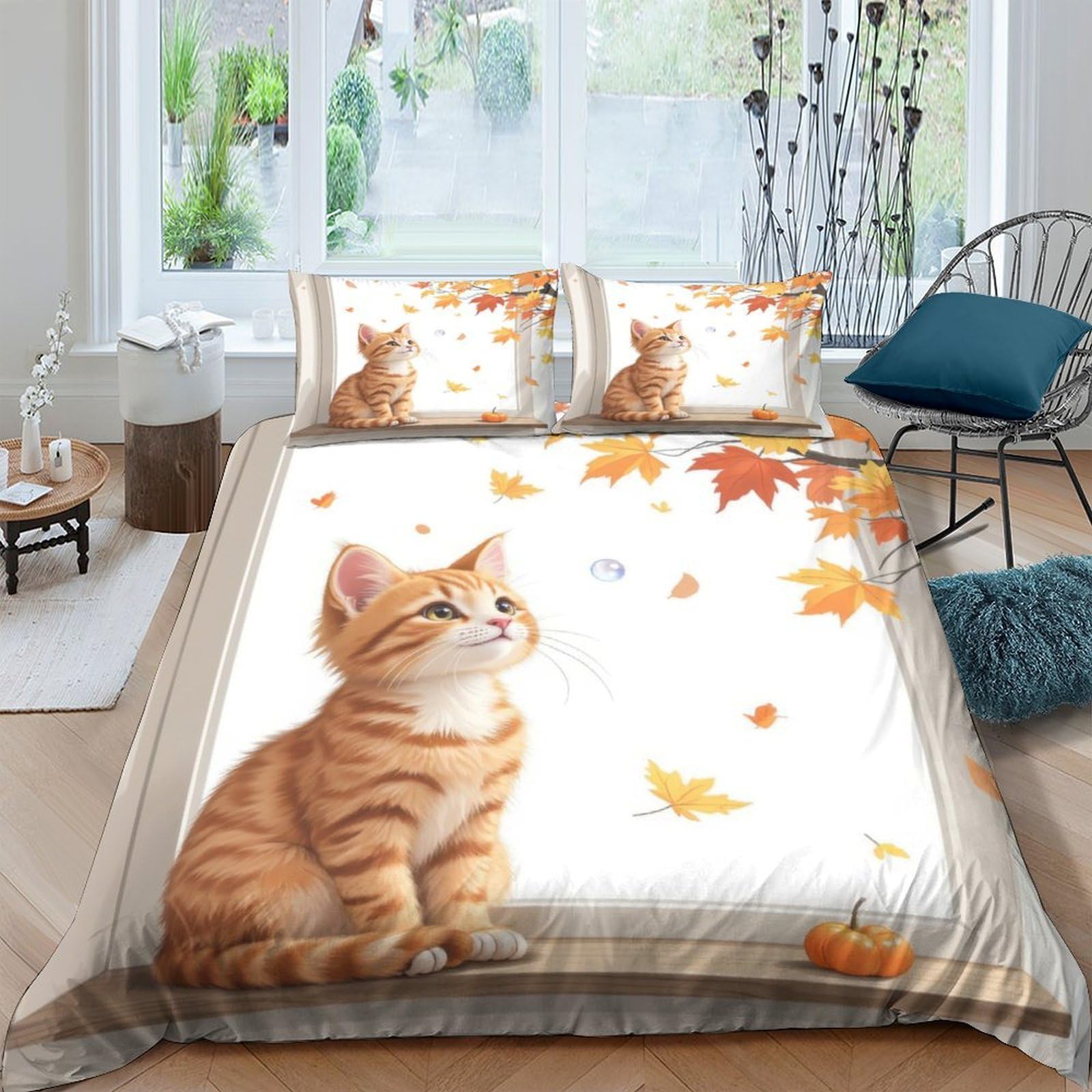 Ctjqhvkz Style-2 3D Printed Orange Tabby Cat Fitted Sheet Microfiber Soft Autumn Leaves Bed Cover For Bedroom Guest Room Mattress Protection Decor Single（135X200cm）
