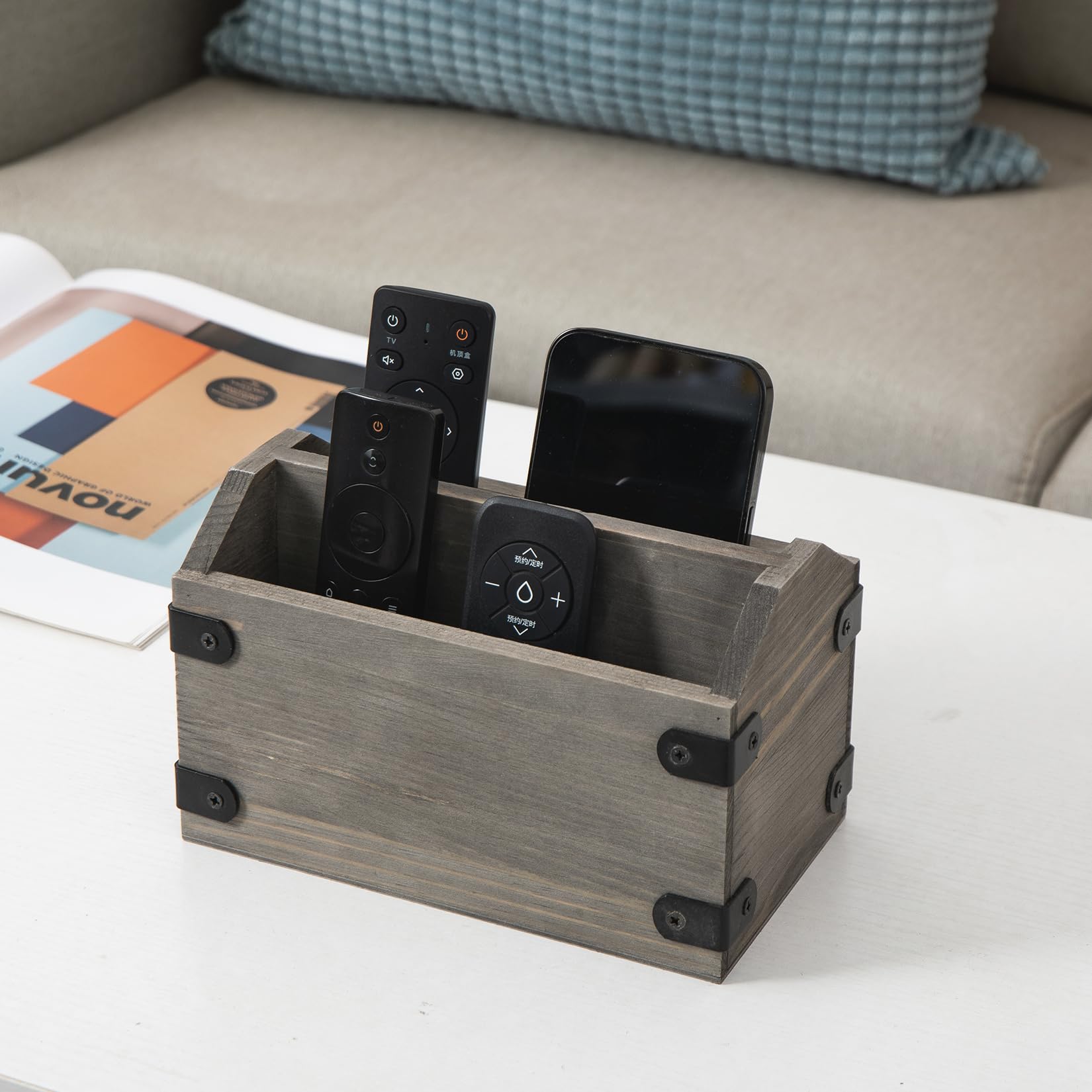 ExoLiry Stone Gray Wood Remote Control Organizer Wooden Tabletop Storage Caddy Two Compartment Holder TV Game Consoles Sorter Cell Phone Kitchen