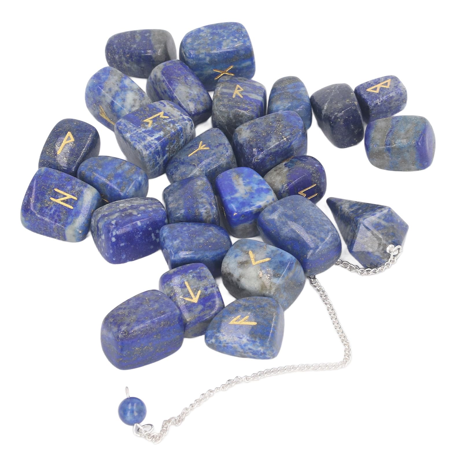EMUKOEP 25 Piedras de Runa, Péndulo de Cristal y Bolsa de Almacenamiento para Meditación de Adivinación, con Símbolos de Runa Grabados para la Conexión Espiritual de Curación de (Lazurita con Péndulo)