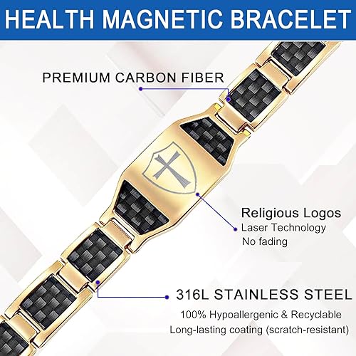 Miniatura 4 de MagVIVACE Pulsera magnética para hombres para artritis, cruz religiosa cristiana de fibra de carbono pulsera de acero inoxidable (B)