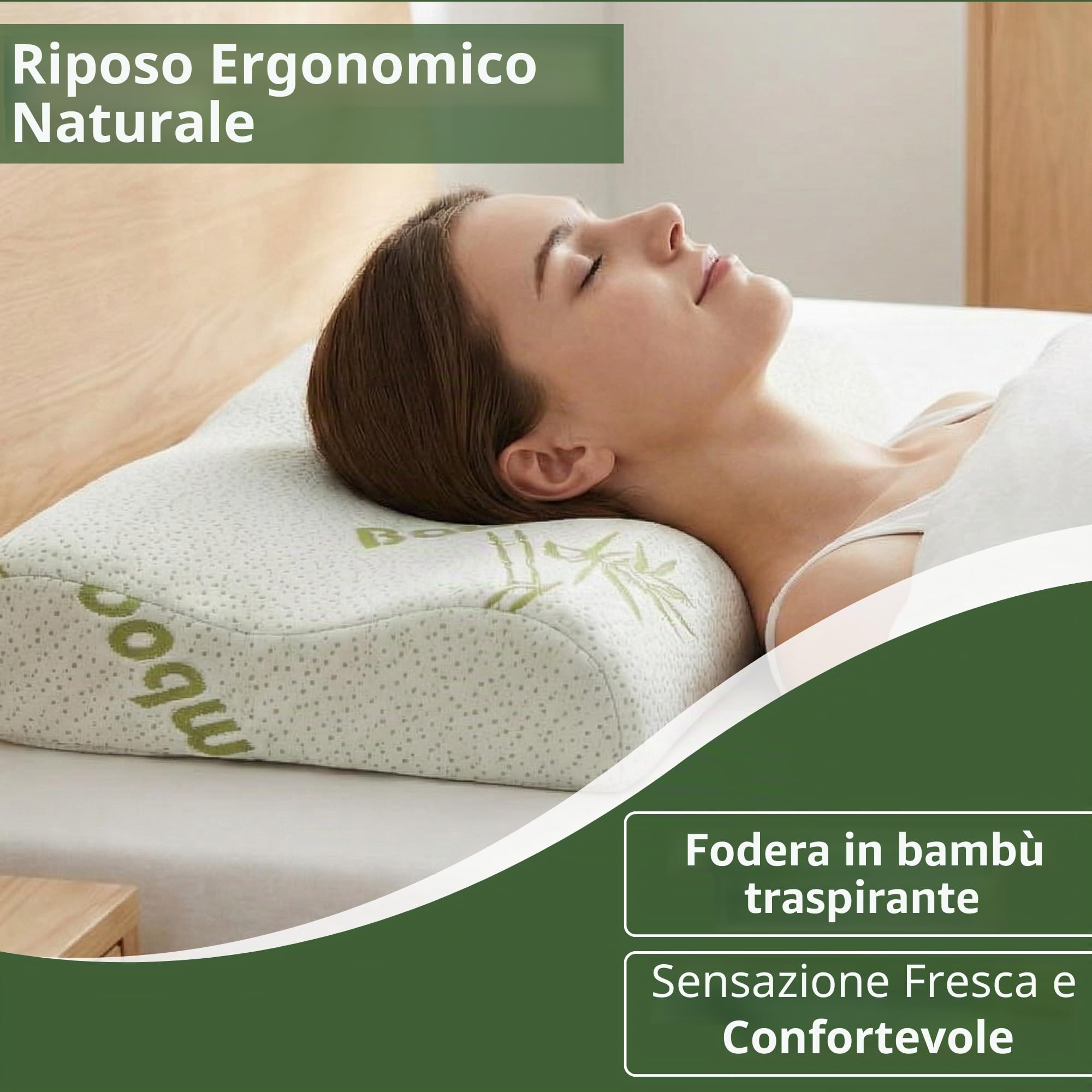 Cuscino cervicale viscoelastico 60 x 40 cm Ergonomico, Memory Foam a rimbalzo lento, fodera in bambù traspirante e lavabile, ortopedico per dolore al collo, dormire lateralmente
