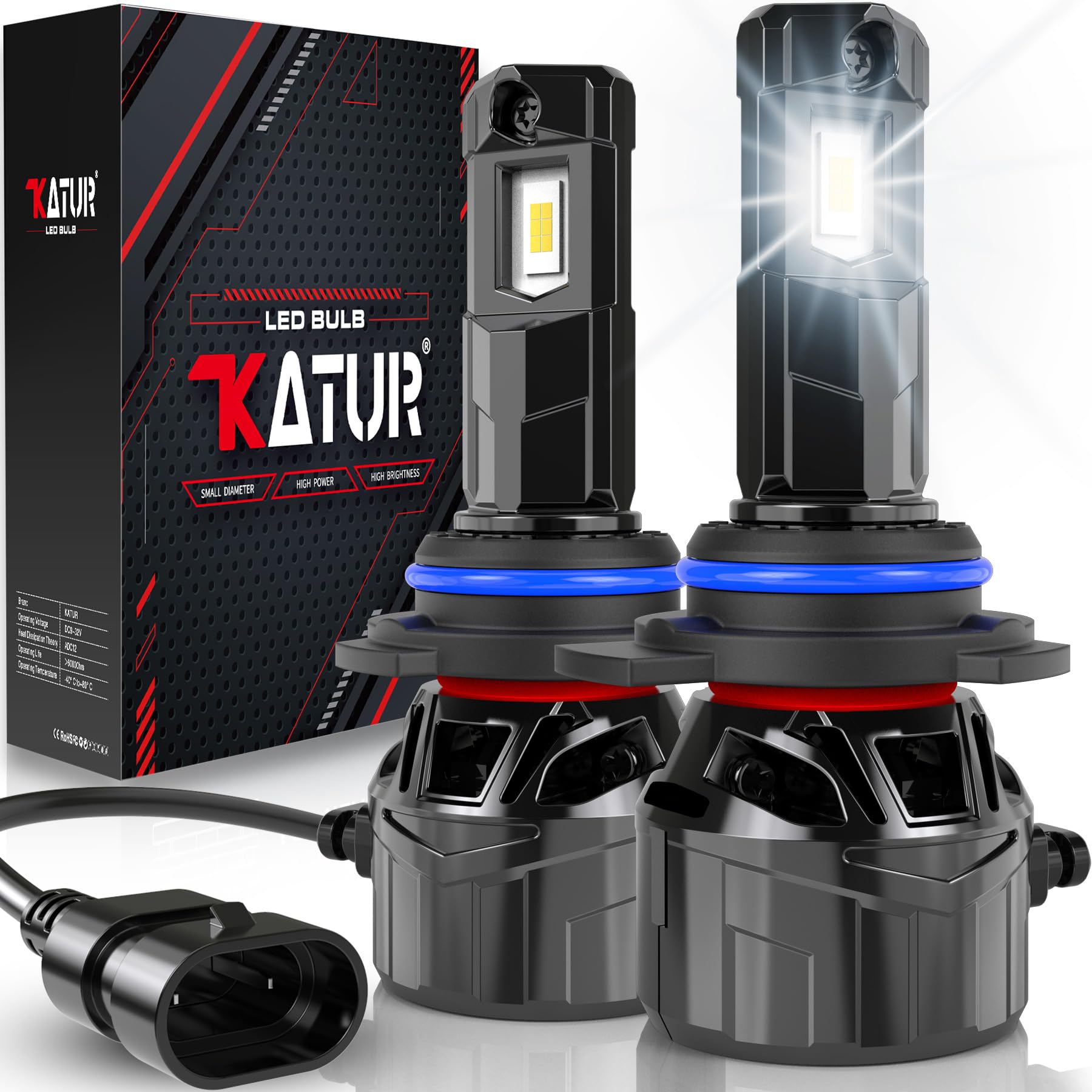 KATUR HIR2 LED Headlight Bulb 120W 30000LM, 700% Brightness 9012 LED Bulb 6000K Xenon White Plug and Play 1:1 Mini Size High Efficiency Cooling System Canbus 9012 HIR2 Headlight Bulbs, Pack of 2
