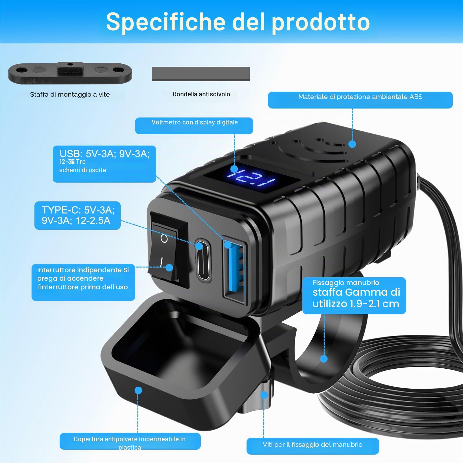 Presa usb 12V per Moto Impermeabile, Tipo C e Caricabatterie con Interruttore On/Off e Misuratore di Tensione LED, SAE Quick Charge 3.0 per Camper Moto 12V~24V (Tipo C + USB-A)