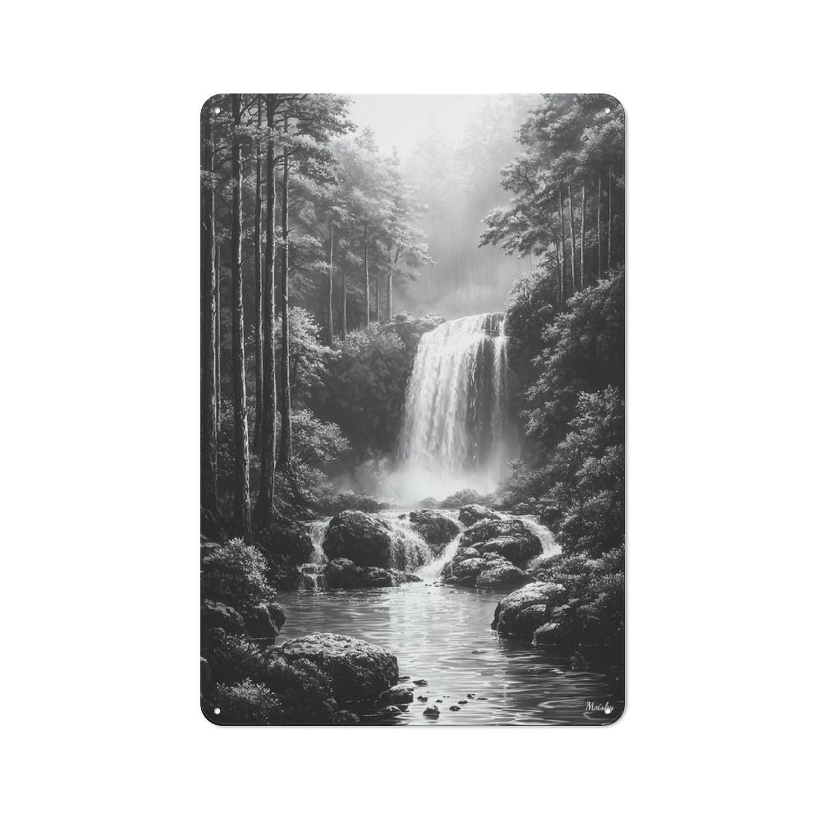 Junmoney Tranquil Waterfall In Misty Forest - Charcoal For Café Or Restaurant, Art Rustic Metal Plaque 30X20cm, For Hospitality Interior Collectors Refreshing A Room In Autumn