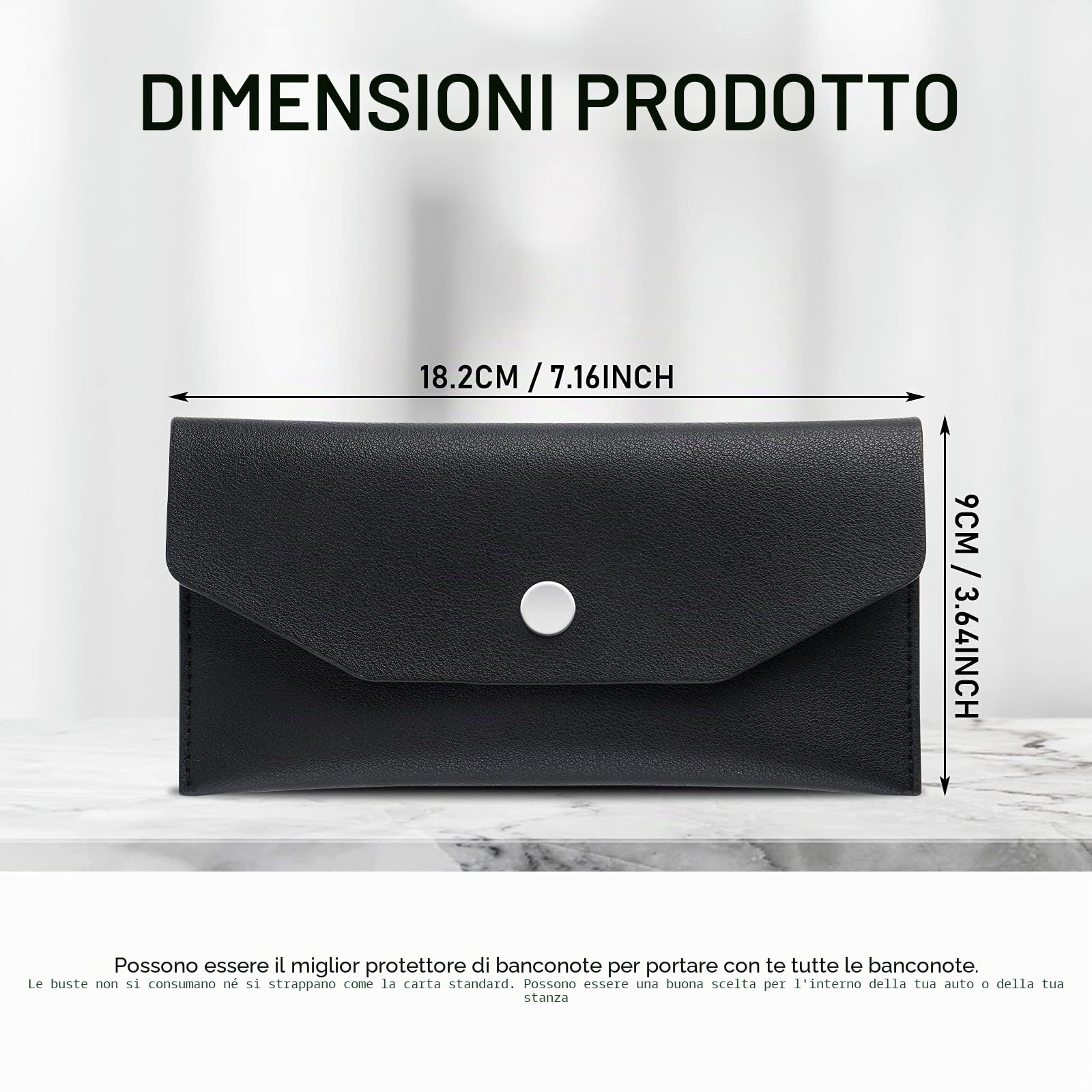 Molain Portafoglio in pelle PU con busta per contanti 7,2 x 3,6 pollici Nero