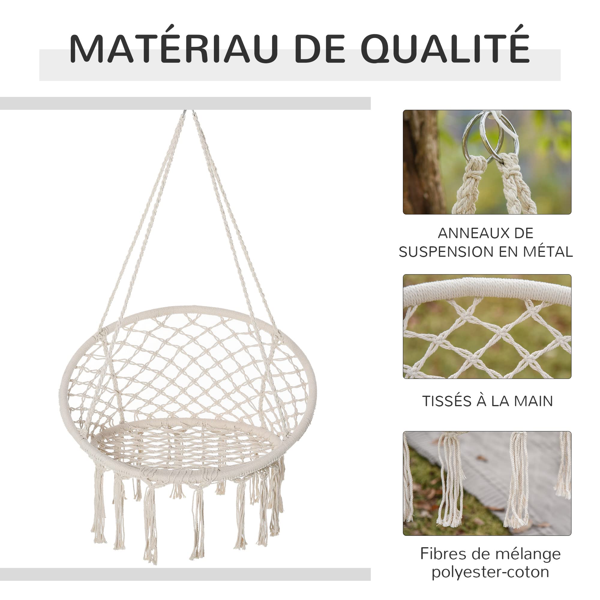 Outsunny Chaise Suspendue Fauteuil Suspendu intérieur extérieur Chaise hamac de Voyage Portable Ø 80 x 42H m macramé Coton Polyester Beige
