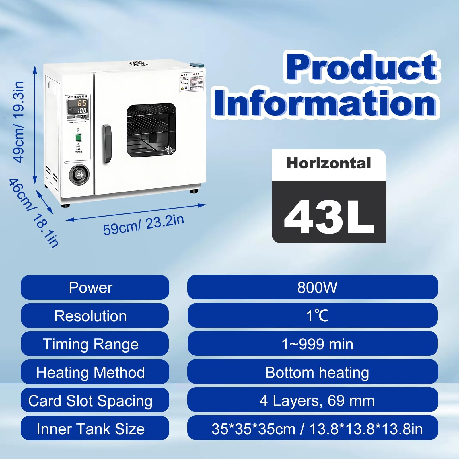 Horno de secado por chorro de temperatura constante, horno de secado al vacío con regulación de temperatura, Secado Industrial y Laboratorio, Ventana de Observación(Horizontal 43L)