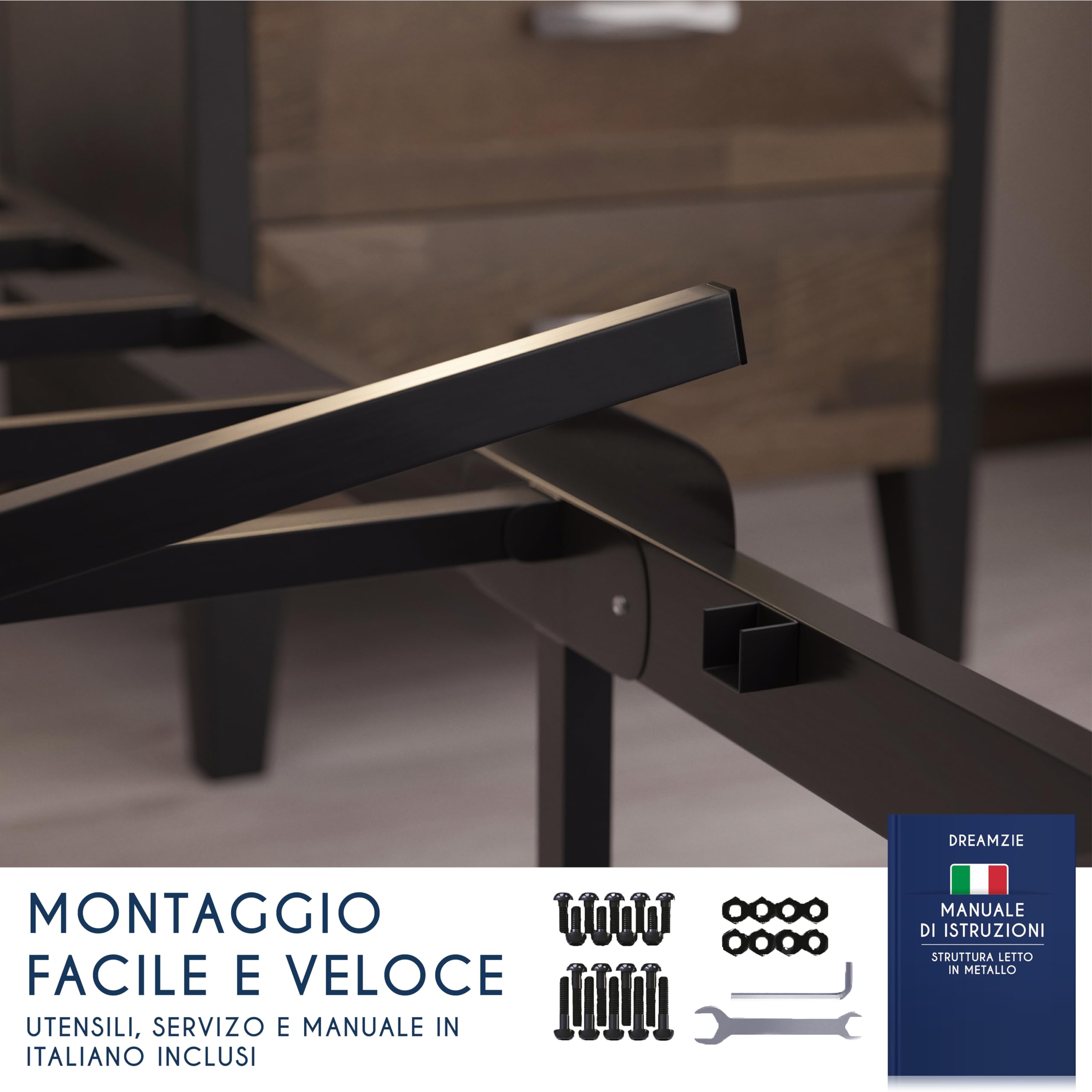 Dreamzie Struttura Letto Matrimoniale 90x190 con Rete in Metallo - Rete 90x190 con Gambe - Altezza 45 cm - Struttura Resistente, Montaggio Facile, Ampia Capacità di Stoccaggio