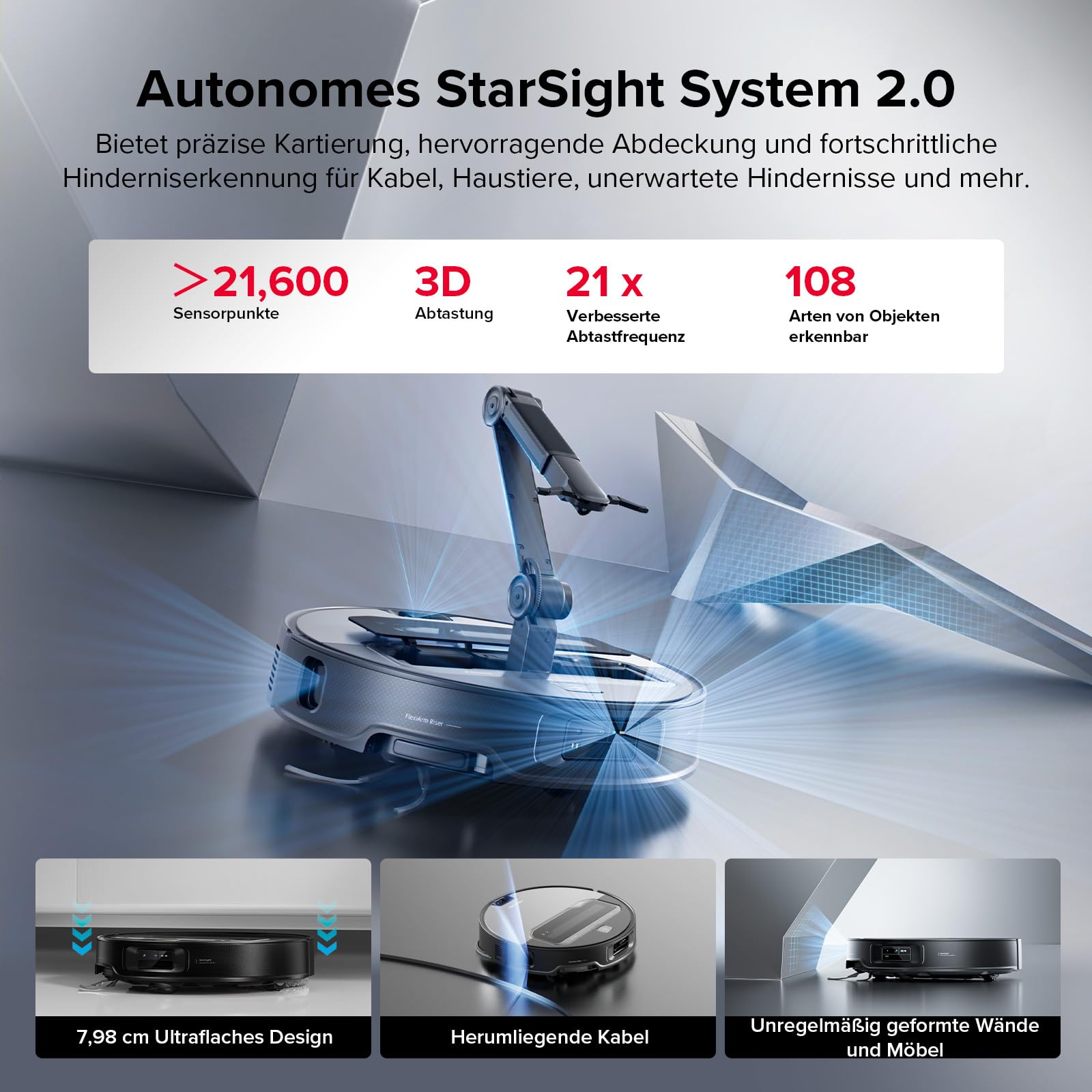 roborock Saros Z70 Saugroboter mit Wischfunktion, OmniGrip Arm, KI-gestützt, 22.000 Pa Saugkraft, 7.98 cm Ultra Slim, FlexiArm Riser, AdaptiLift Chassis, Heißwasser Mopp Waschen & Trocknen(Silber)
