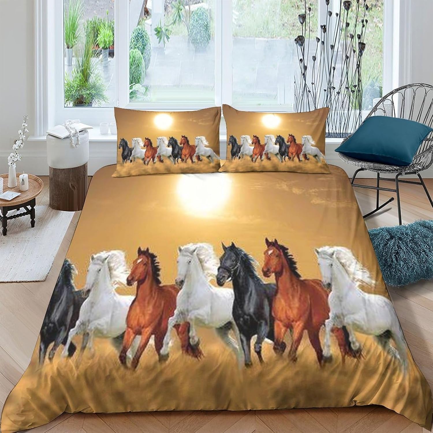 Housse de couette cheval 155x220 cm sans repassage parure lit microfibre 2 taies
