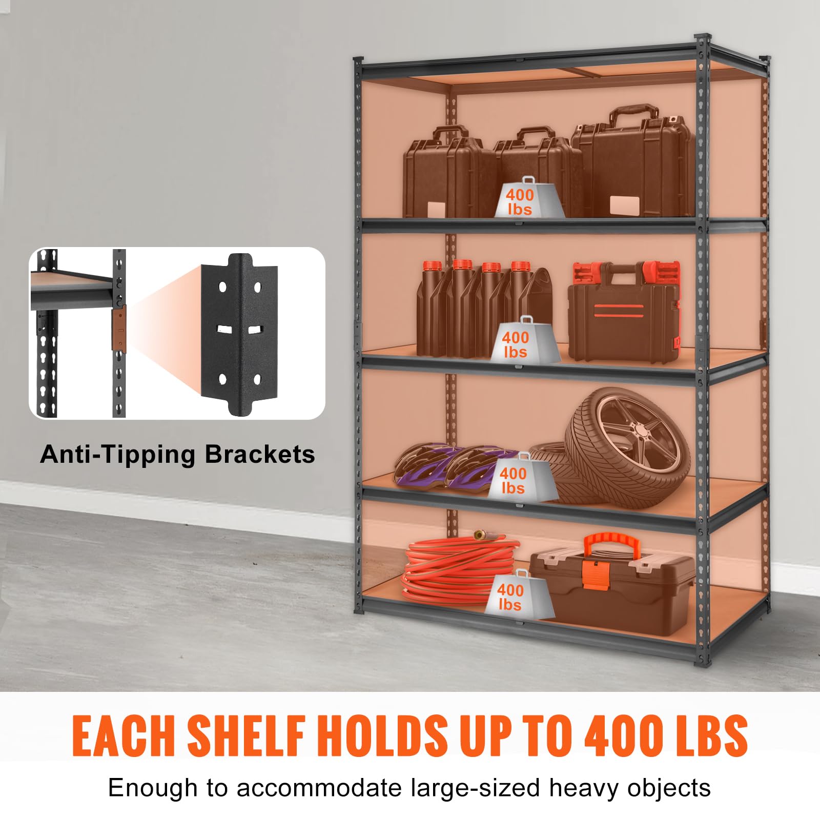 Condition photo showing New/Like New for VEVOR Storage Shelves, 5-Tier Adjustable Storage Shelving Unit, 48" L x 24" W x 72" H Heavy Duty Garage Storage Shelves, Metal Shelves for Kitchen Pantry Basement Bathroom Laundry 