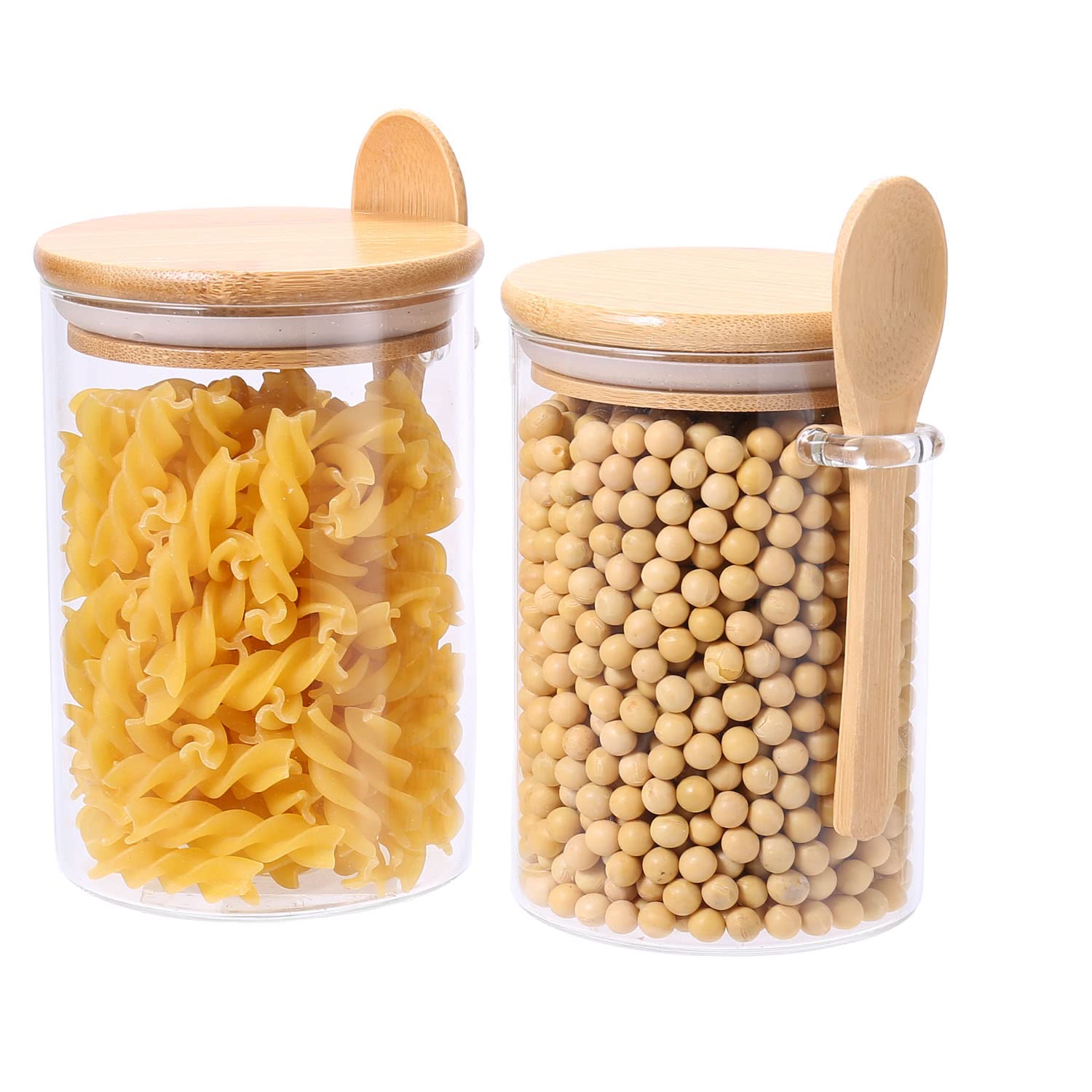 Keiastr Glass Food Storage Jars Containers with Bamboo Wooden Spoon and Lids, Set of 2 Airtight Food Jars Kitchen Canisters for Flour, Cereal,Coffee, Candy,Cookie and Spice Jars