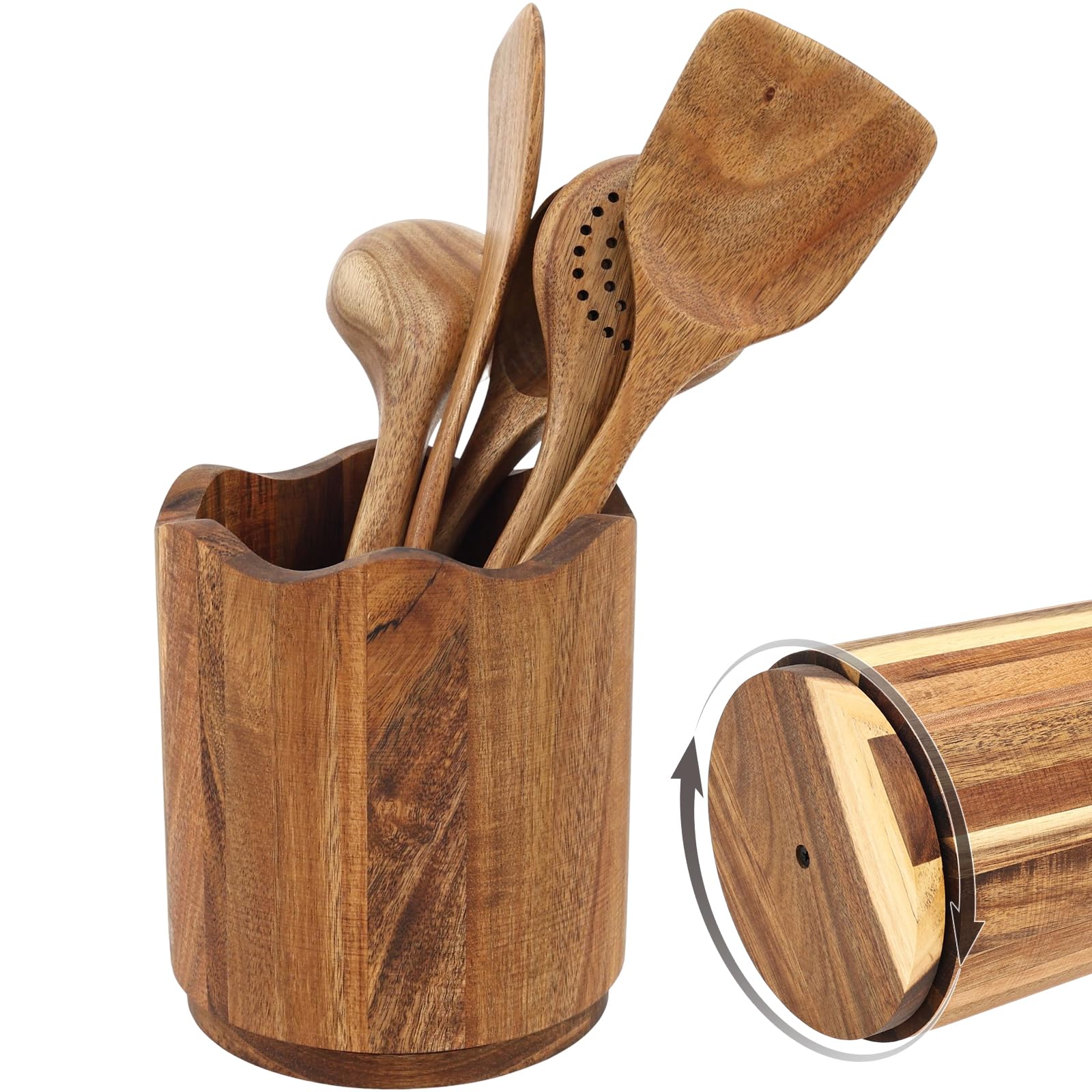 Ghshanog Brown Wooden Utensil Holder, 360° Rotating Silverware Organiser Crocks, 15X17cm Cutlery Caddy For Countertop, Farmhouse Kitchen Tableware Crock Cooking Tools Storage For Spatulas Spoons Whisks